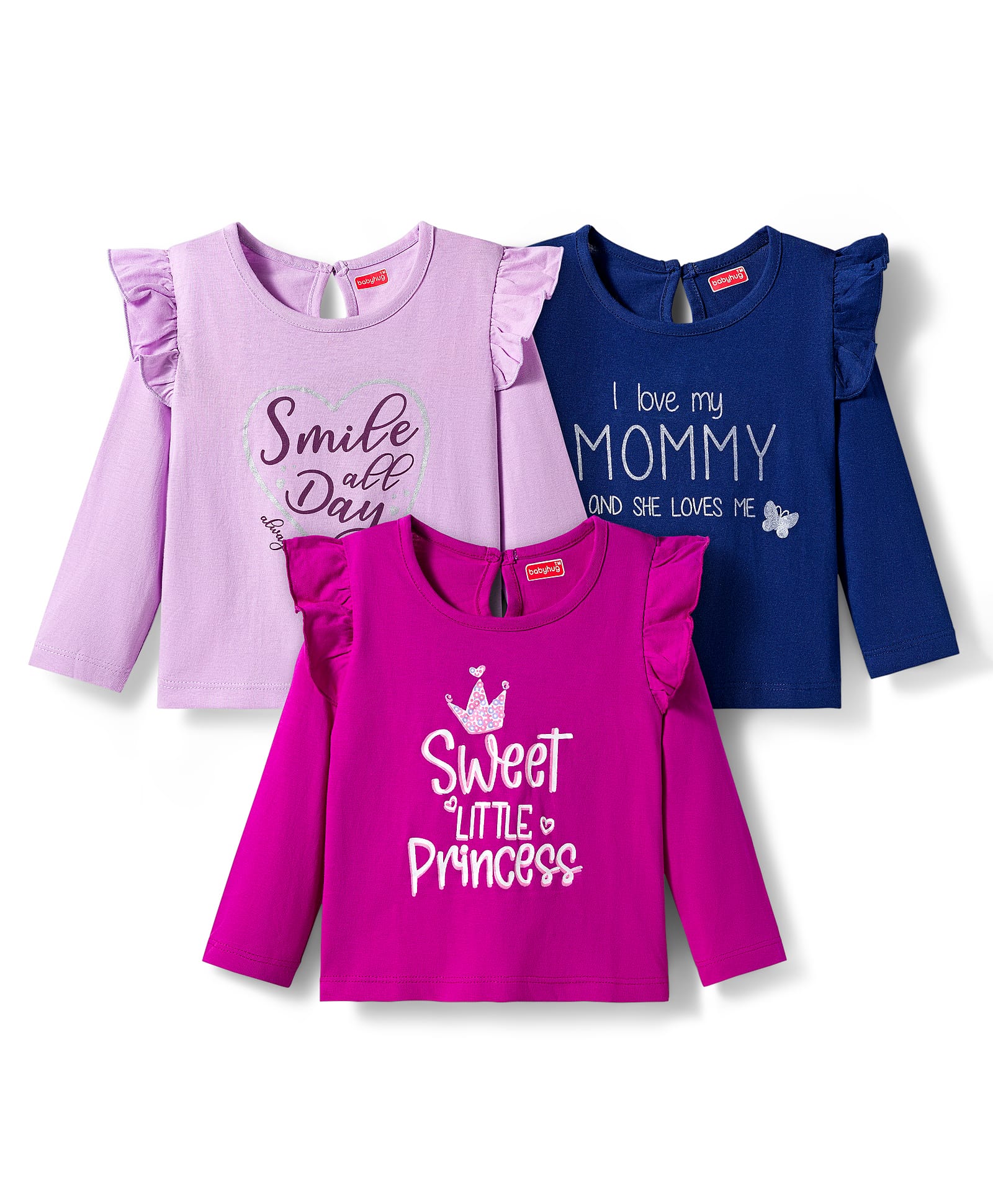 Babyhug 100% Cotton Knit Full Sleeves T-Shirts with Sweet Little Princess & Frill Detailing Pack of 3 - Pink Plum & Navy Blue-picture-38