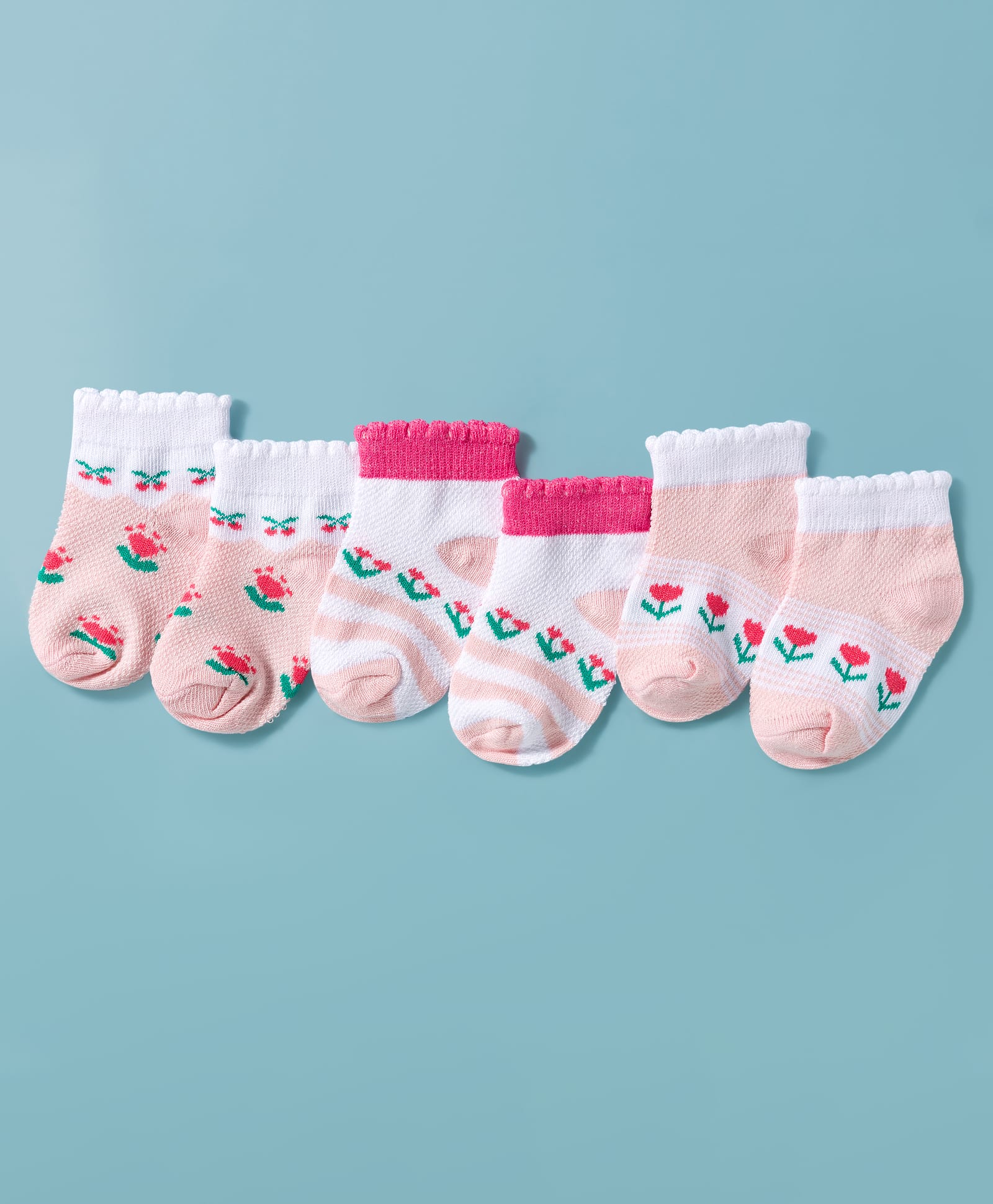 Doodle Poodle Cotton Knit Ankle Length Socks with Flower Graphic Pack of 5 -Pink & Offwhite-image-9