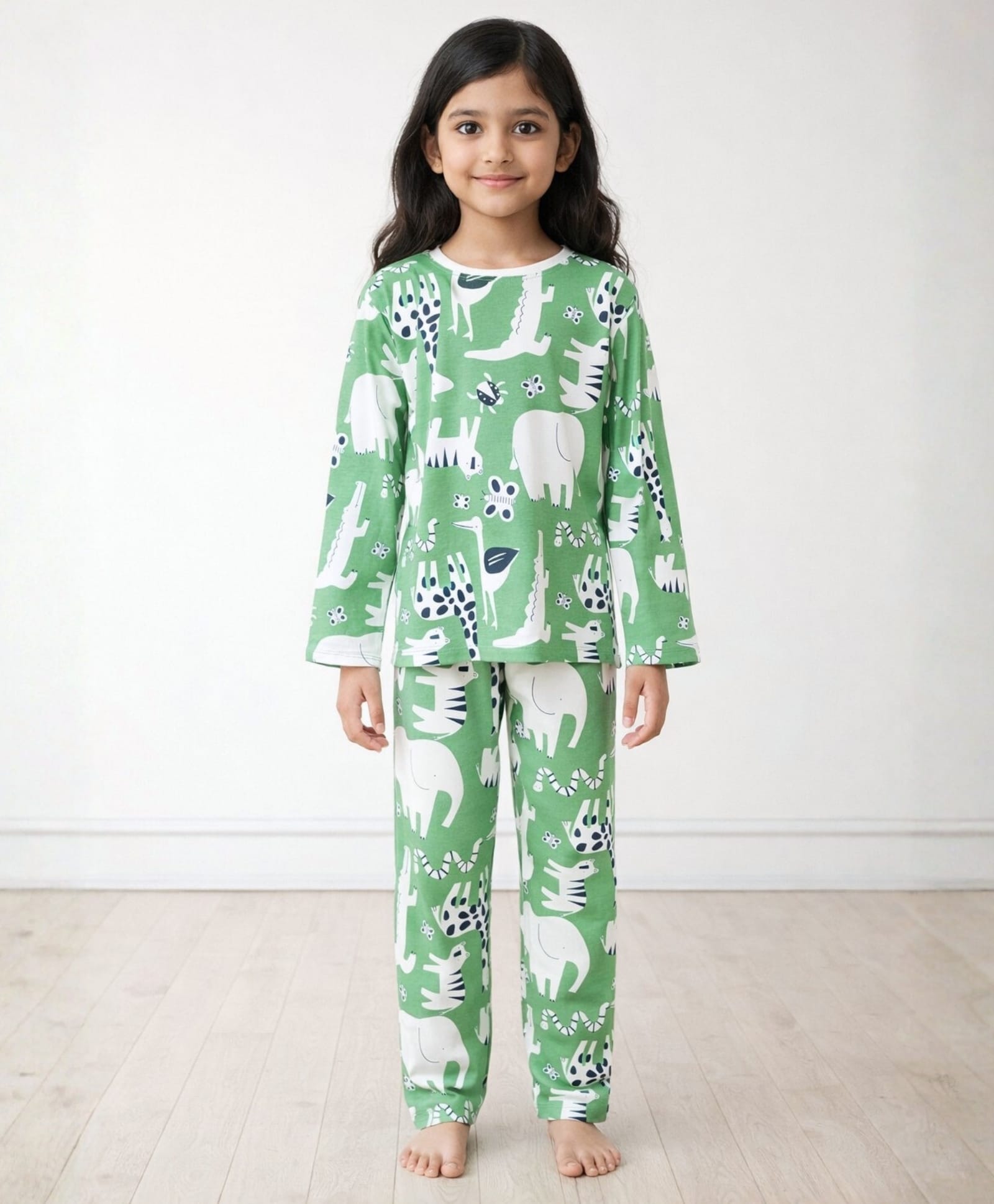 Anthrilo 100% Organic Cotton Knit Full Sleeves Wild Animals Printed Comfort Fit Coordinating Night Suit Set - Green-picture-4