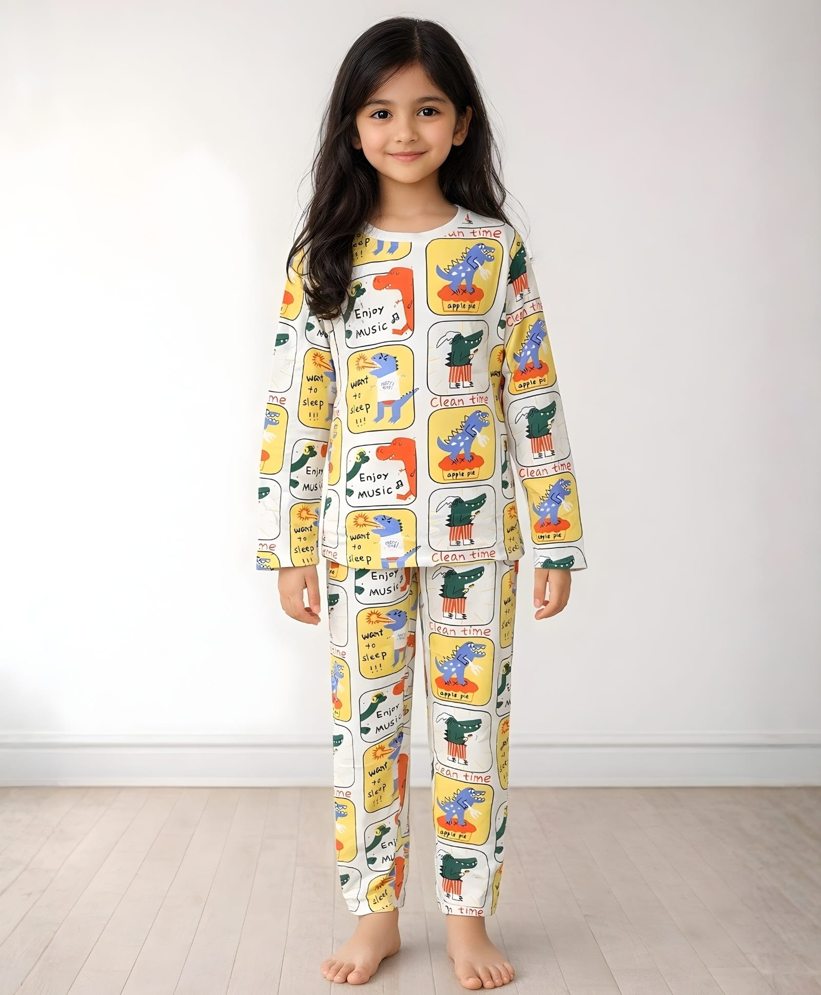 Anthrilo 100% Organic Cotton Knit Full Sleeves Dinosaurs Comic Panel Printed Comfort Fit Coordinating Night Suit Set - White-image-37