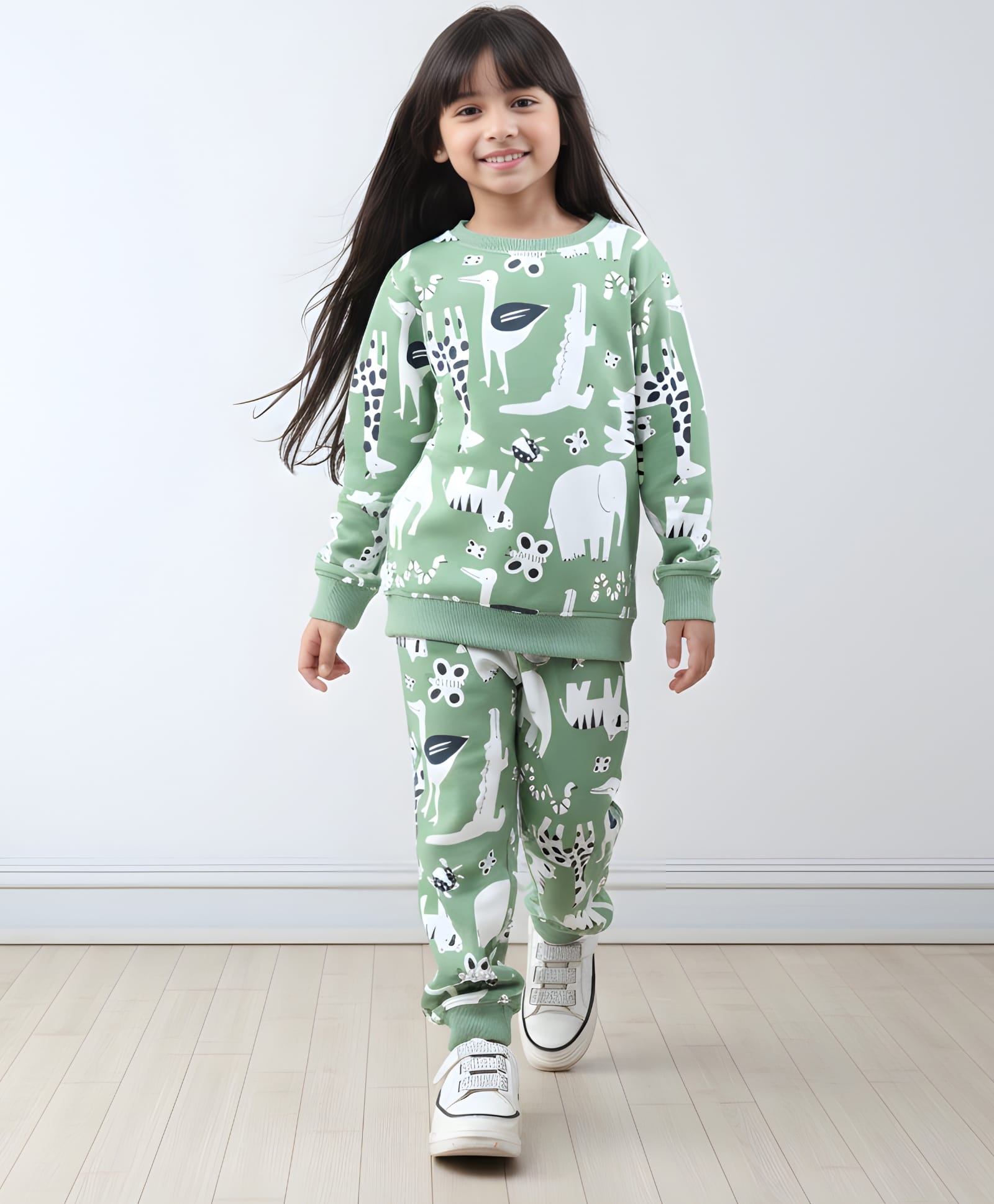 Anthrilo Fleece Knit Full Sleeves Wild Animals Printed Winter Sweatshirt With Coordinating Joggers Set - Green-picture-29