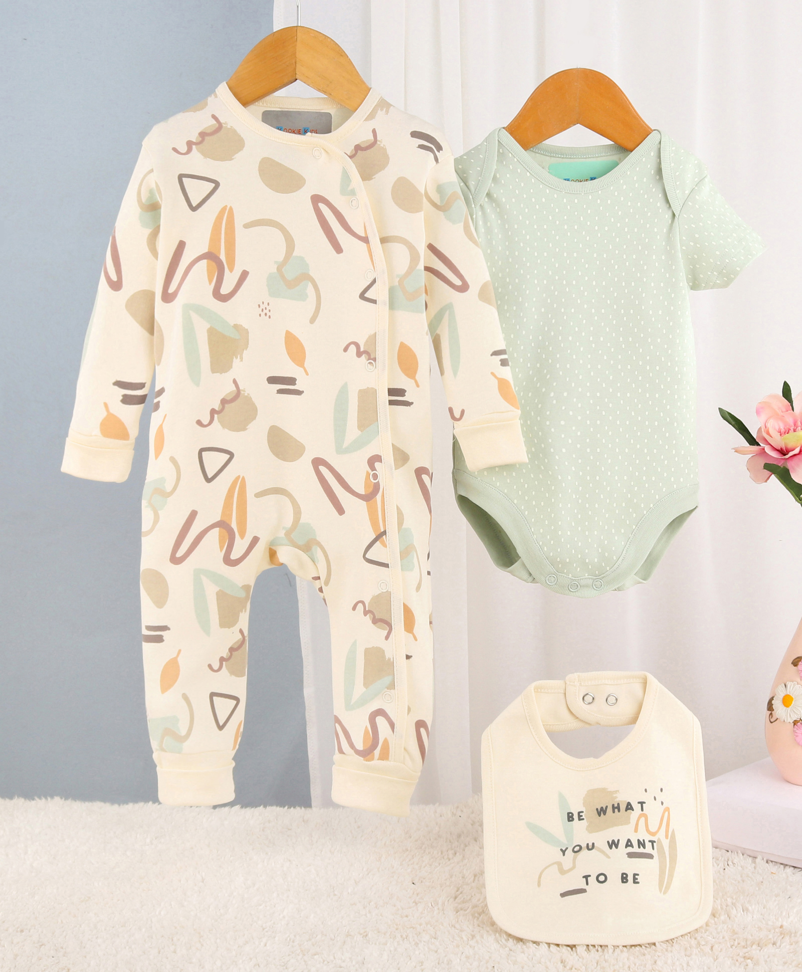Kookie Kids Interlock Knit Full Sleeves Romper & Onesies With Bib - Cream & Tan-image-1