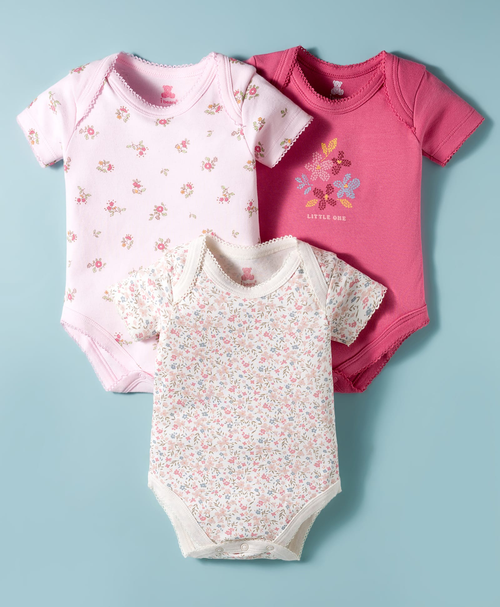 I Bears Interlock Knit Half Sleeves Onesies With Floral Print Pack Of 3 - Dark Pink & White-image-15