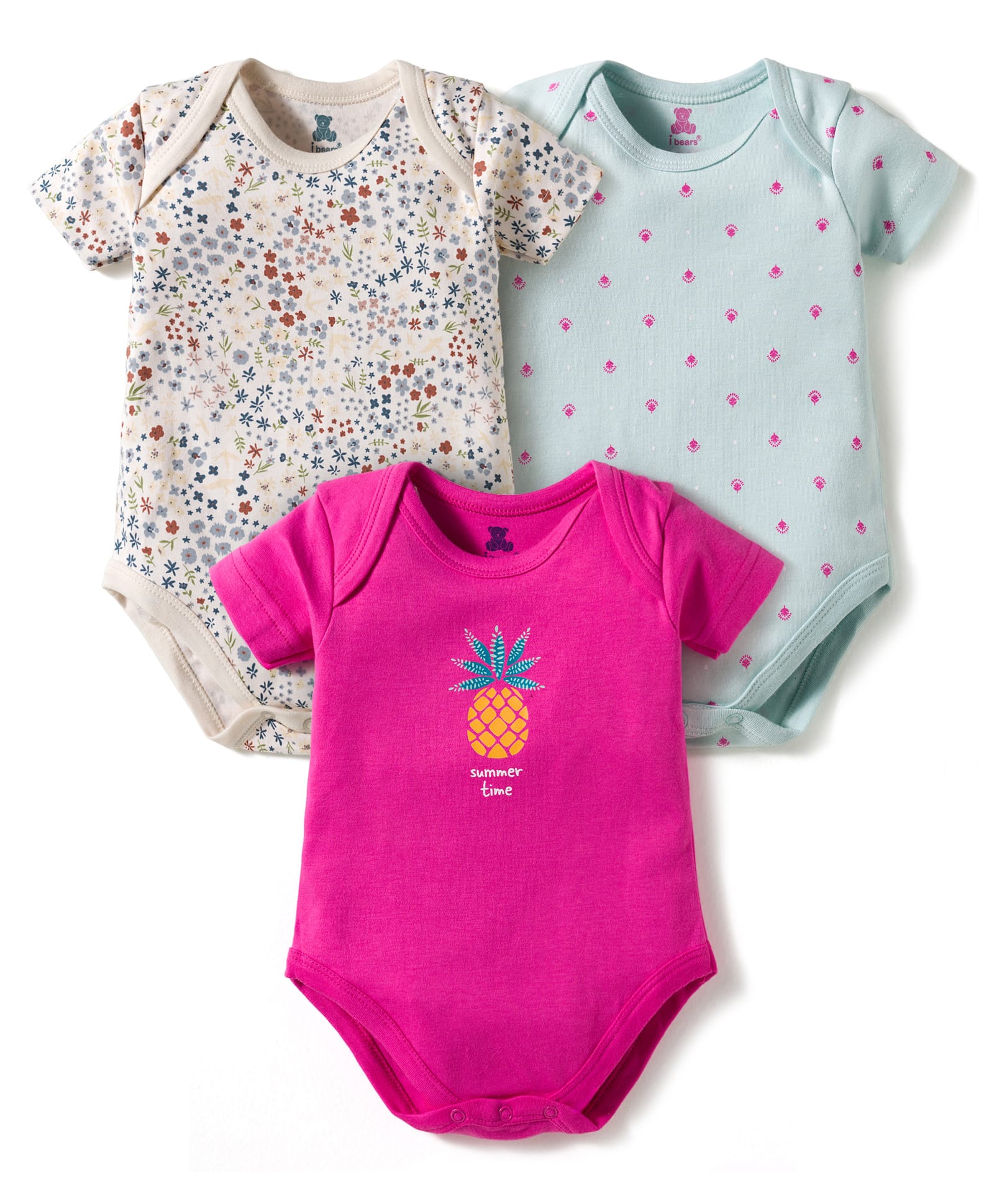 I Bears Interlock Knit Half Sleeves Onesies With Floral Print Pack Of 3 - Dark Pink Light Blue & Cream-image-18