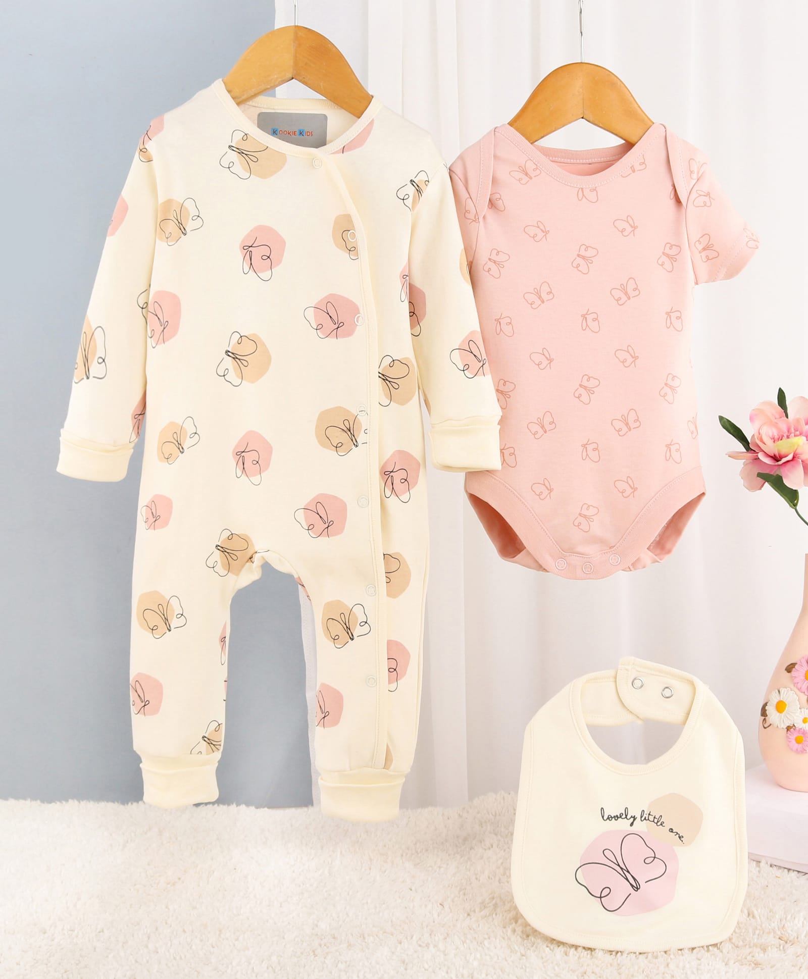 Kookie Kids Interlock Knit Full Sleeves Romper & Half Sleeves Onesie With Butterfly Print & Bib - Light Pink-image-28