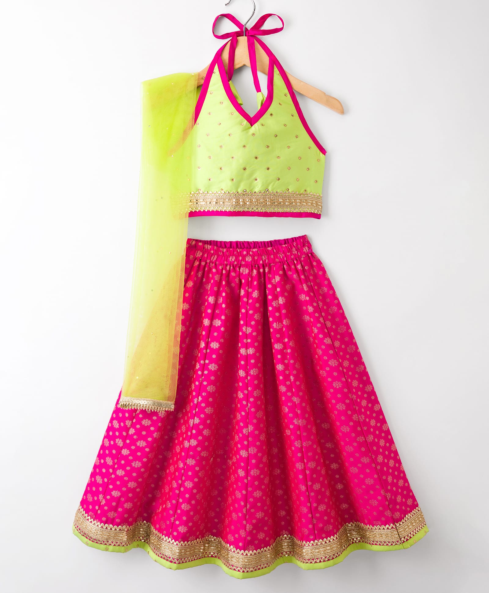Saka Designs Cotton Woven Sleeveless Lehenga Choli Set With Foil Print & Dupatta - Green & Dark Pink-image-22
