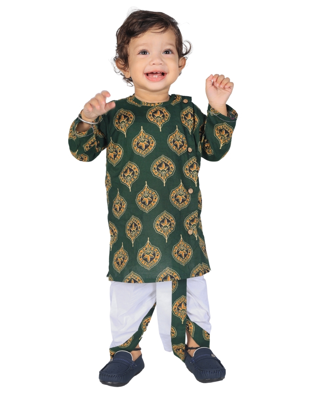 Vaanee Designz Cotton Knit Full Sleeves Ethnic Motif Printed Kurta Dhoti Set - Green-image-2