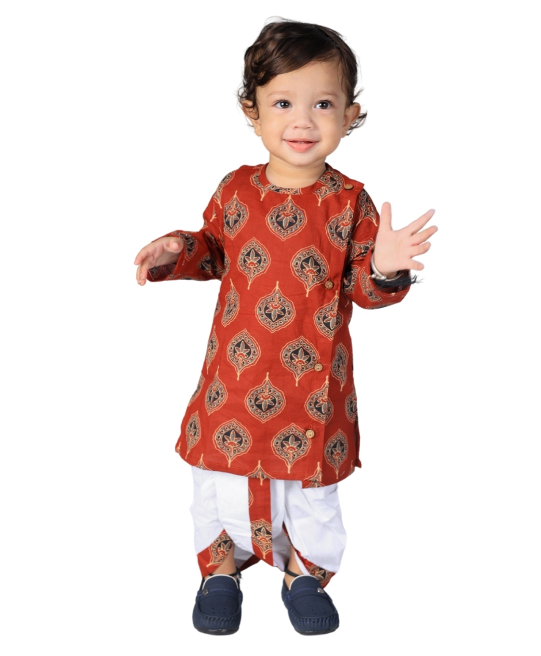 Vaanee Designz Cotton Knit Full Sleeves Ethnic Motif Printed Kurta Dhoti Set - Red-image-8
