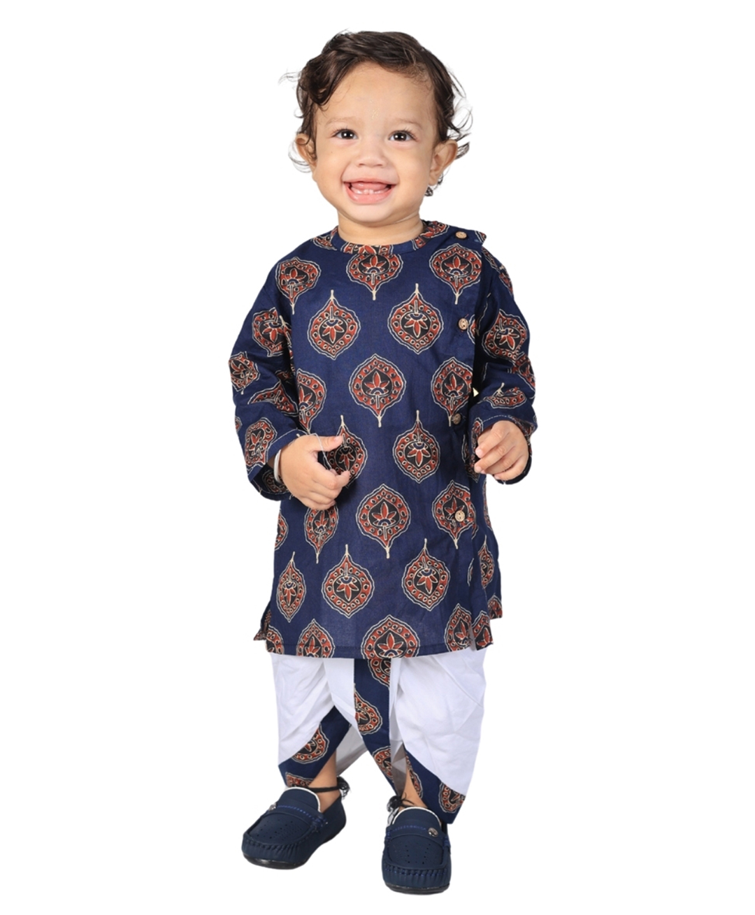 Vaanee Designz Cotton Knit Full Sleeves Ethnic Motif Printed Kurta Dhoti Set - Navy Blue-image-6
