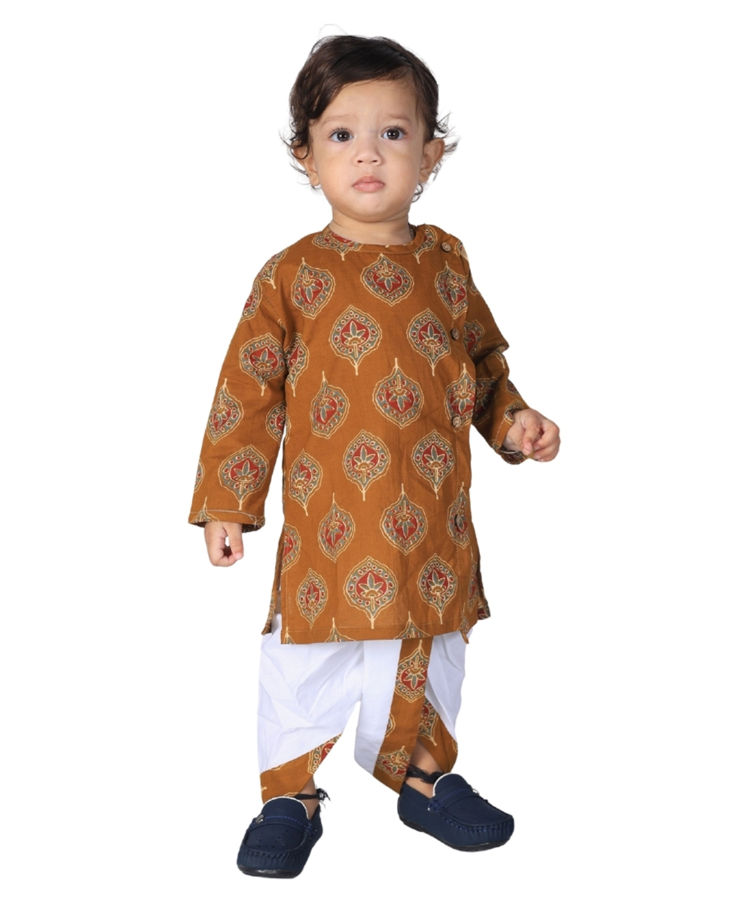 Vaanee Designz Cotton Knit Full Sleeves Ethnic Motif Printed Kurta Dhoti Set - Rust Brown-picture-14