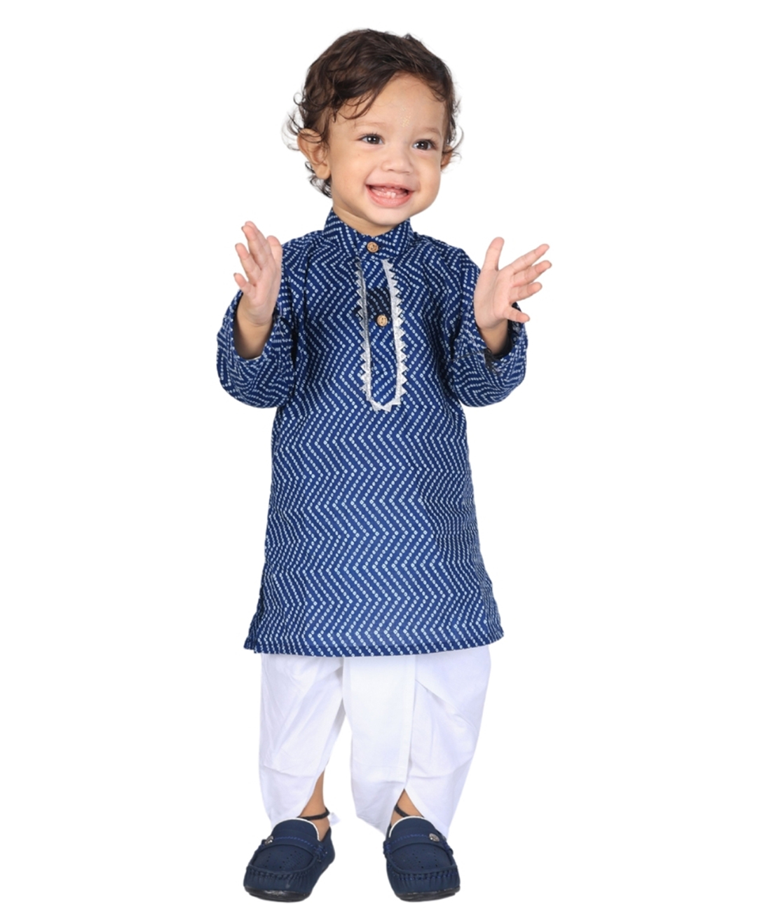 Vaanee Designz Cotton Knit Full Sleeves Chevron Printed Kurta Dhoti Set - Navy Blue-image-10