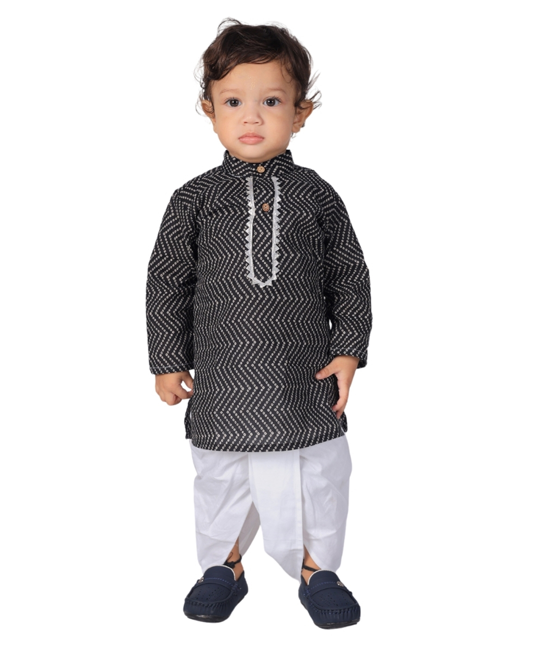 Vaanee Designz Cotton Knit Full Sleeves Chevron Printed Kurta Dhoti Set - Black-image-39