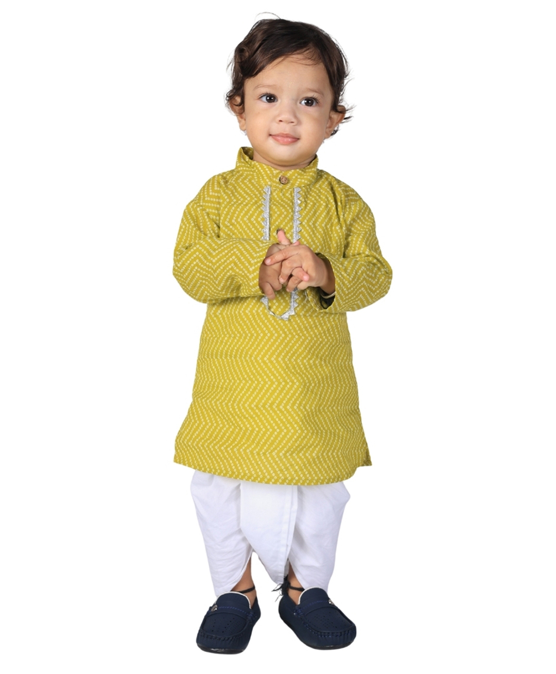 Vaanee Designz Cotton Knit Full Sleeves Chevron Printed & Gota Lace Embellished Kurta Dhoti Set - Mustard-image-11