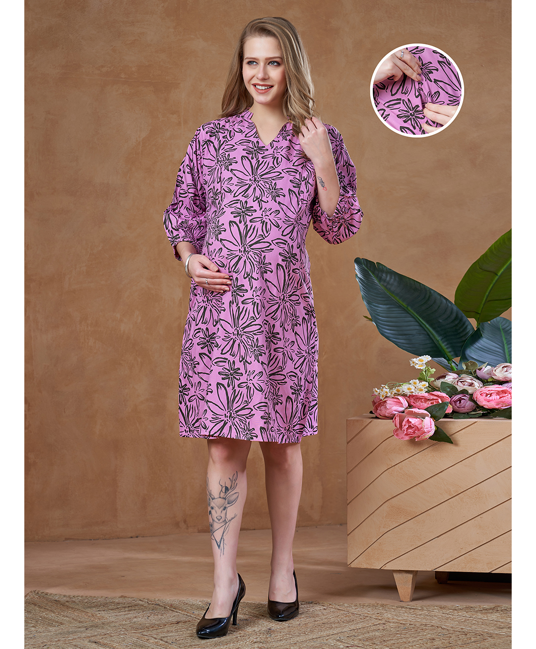 Lovely Mom's Rayon Woven Three Fourth Puffed Sleeves Floral Printed Maternity Dress With Side Seam Nursing Access - Pink-picture-18