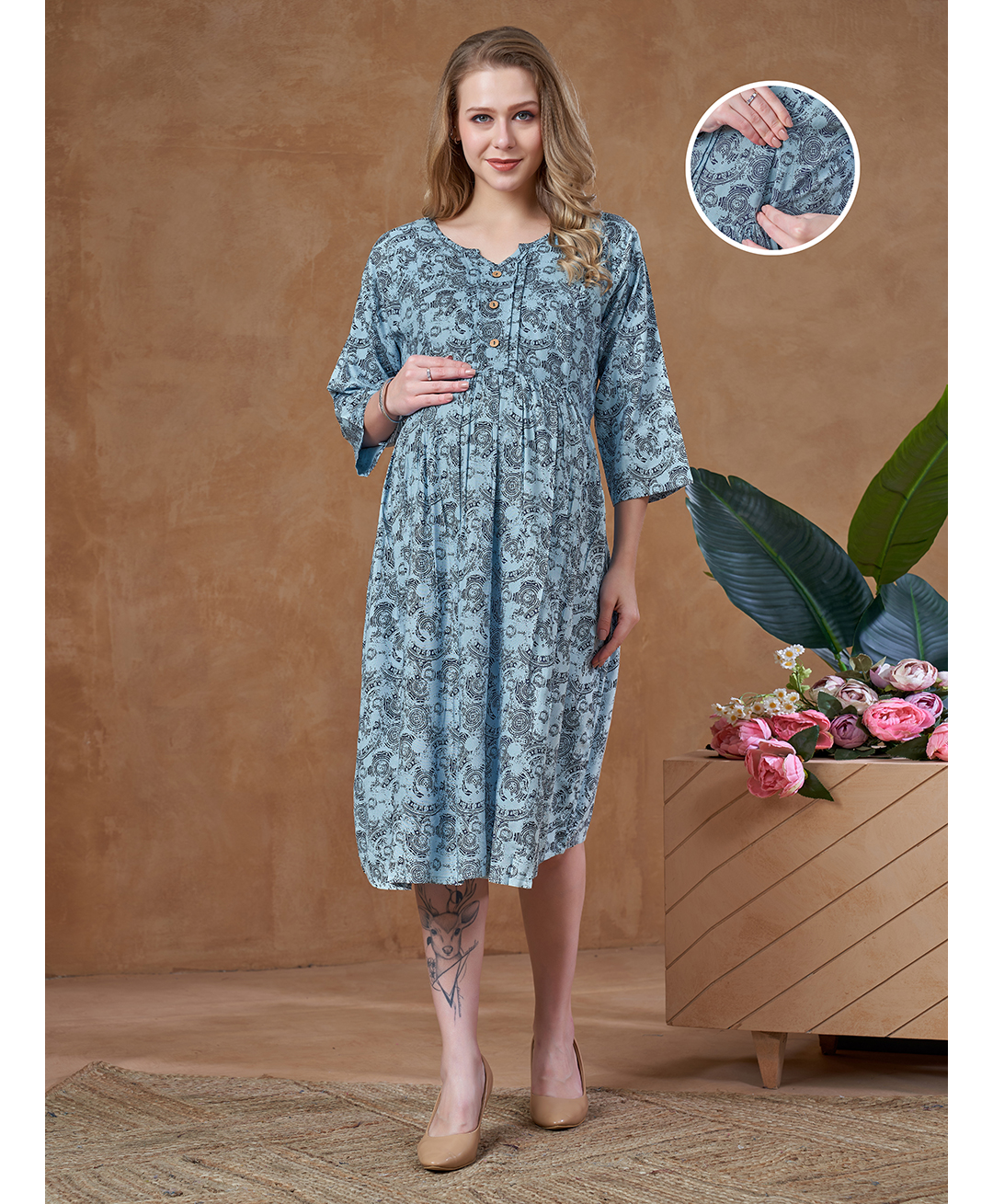 Lovely Mom's Rayon Woven Three Fourth Sleeves Abstract Printed Maternity Dress With Side Zipper Nursing Access - Sky Blue-picture-26