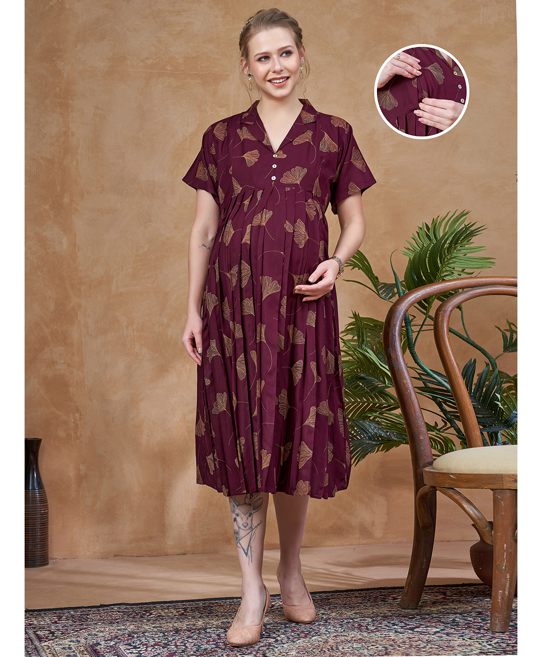 Lovely Mom's Rayon Woven Three Fourth Sleeves Floral Printed Maternity Dress With Side Zipper Nursing Access - Maroon-picture-13