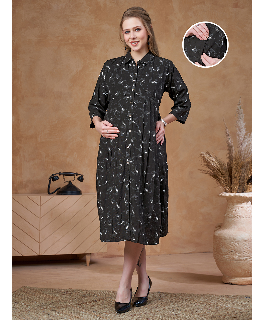 Lovely Mom's Rayon Woven Three Fourth Sleeves Abstract Printed Maternity Dress With Side Zipper Nursing Access - Black-picture-42