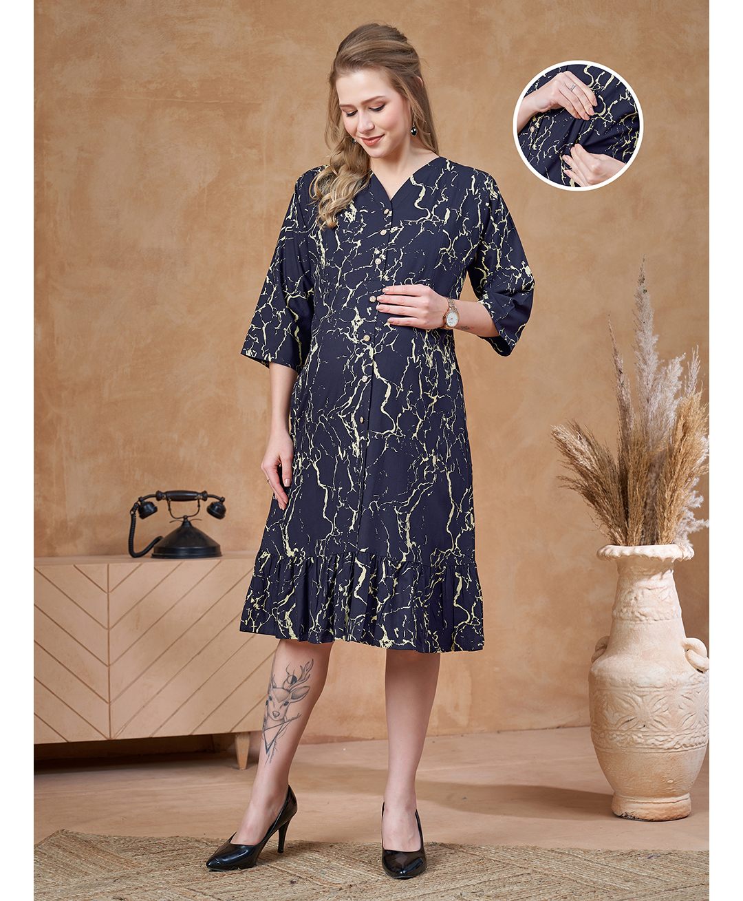 Lovely Mom's Rayon Woven Three Fourth Sleeves Marble Printed Maternity Dress With Side Zipper Nursing Access - Navy Blue-picture-28