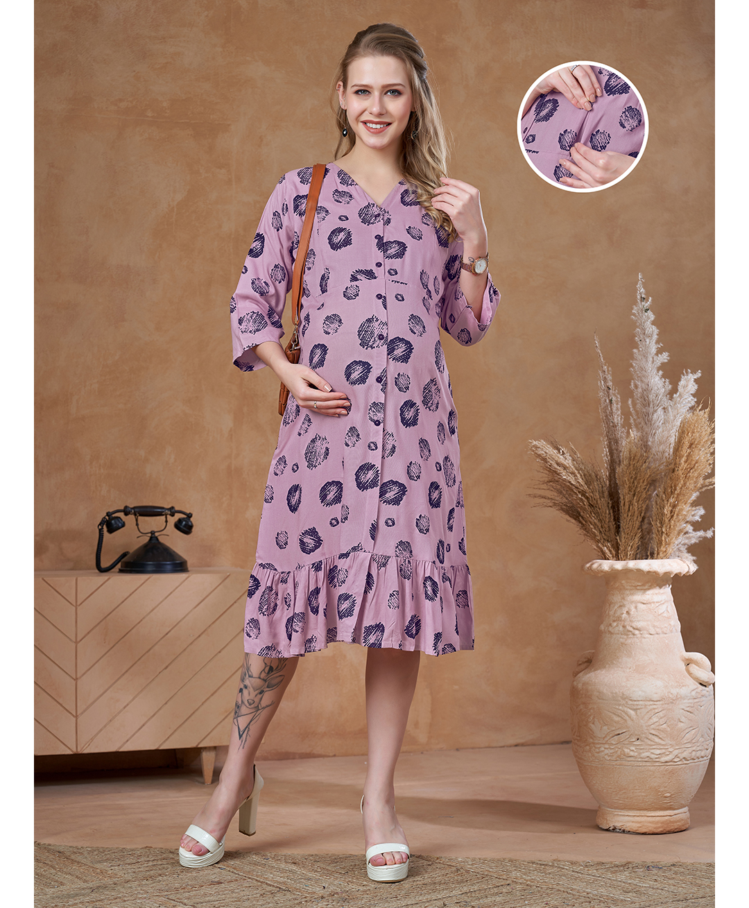 Lovely Mom's Rayon Woven Three Fourth Sleeves Abstract Printed Maternity Dress With Side Zipper Nursing Accessr - Lavender-image-11
