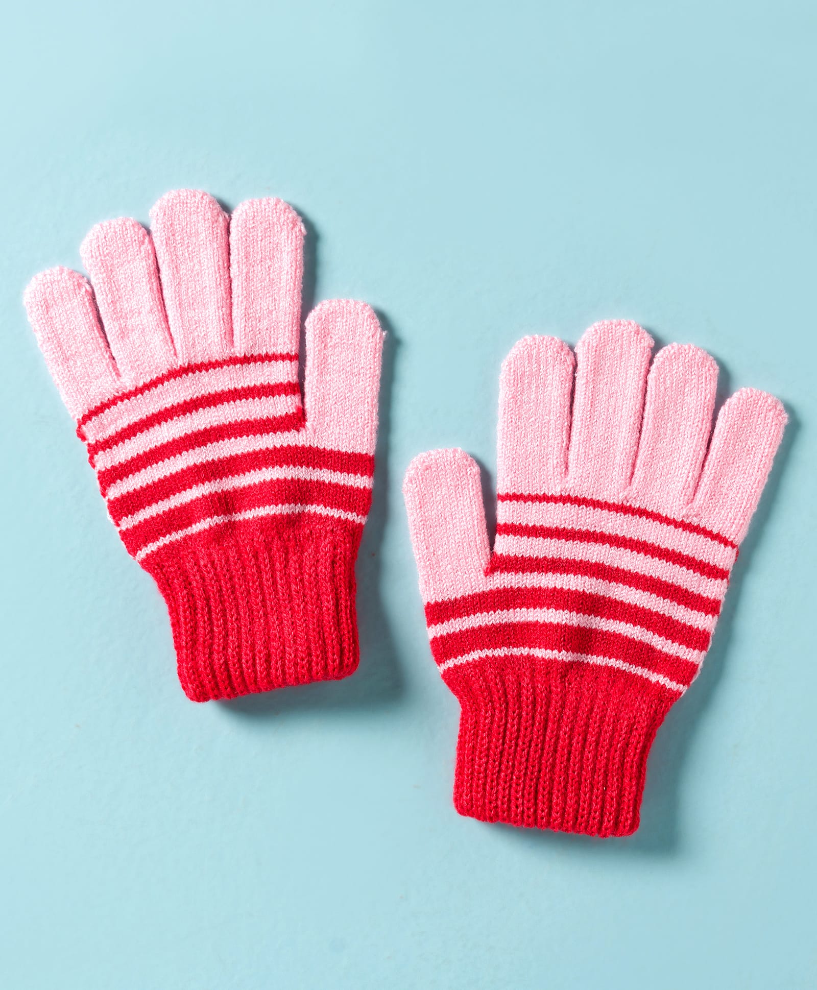 Model Knit Color Block Gloves With Stripes - Light Pink & Red-image-0