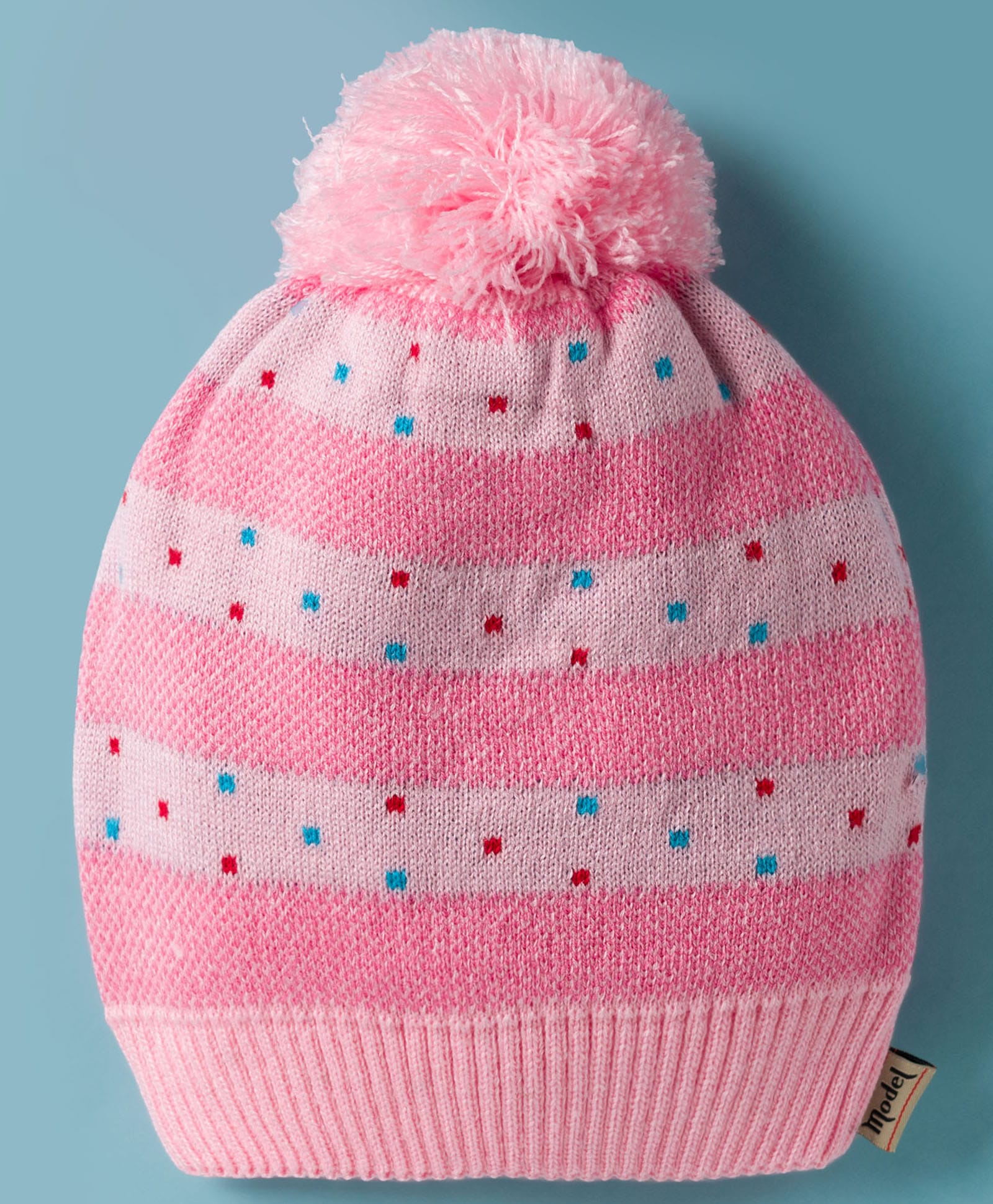 Model Knit Winter Cap With Pom Pom & Stripes & Polka Dot Design Pink - Diameter 10 cm-picture-19