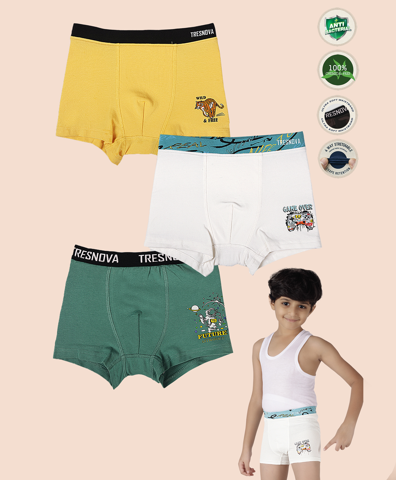 TRESNOVA Cotton Elastane Knit Pack Of 3 Animal & Space Theme Printed Anti Microbial Boxers - Off White Yellow & Green-picture-8