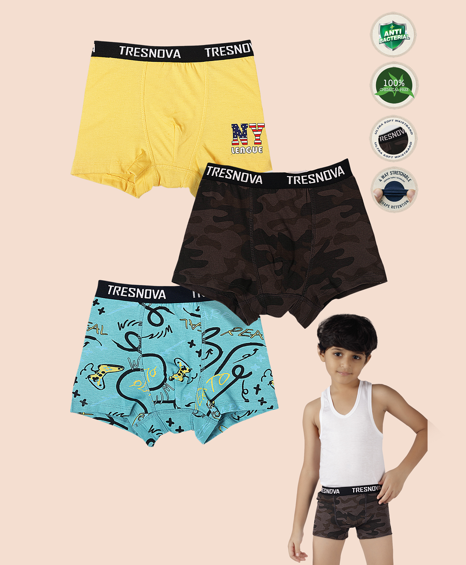 TRESNOVA Cotton Knit Pack Of 3 Camouflage & Game Theme Printed Anti Microbial Boxers - Yellow Green & Teal Blue-picture-19