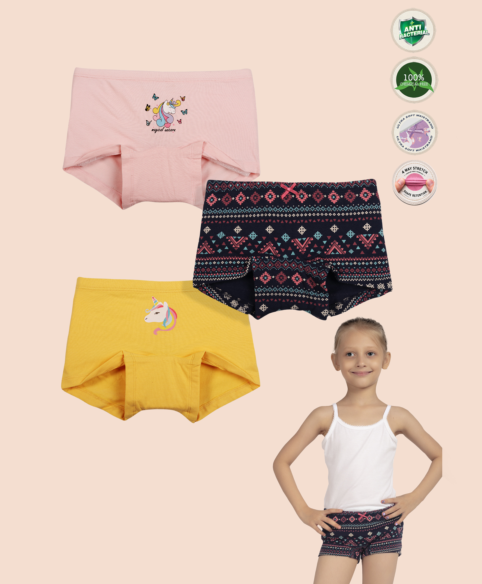 TRESNOVA Cotton Elastane Knit Pack Of 3 Unicorn Printed Anti Microbial Boy Shorts - Yellow Pink & Navy Blue-picture-16