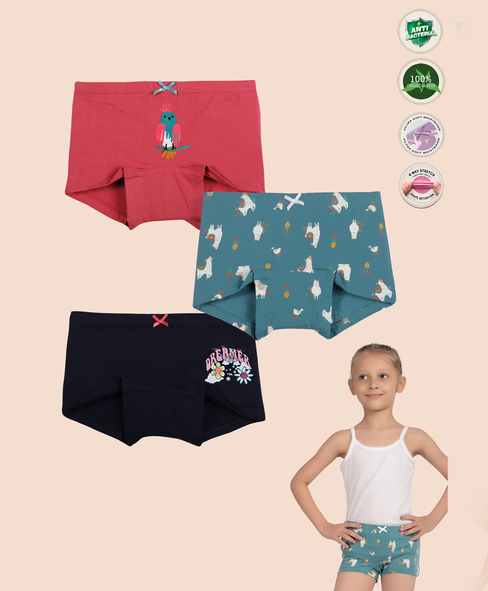 TRESNOVA Cotton Elastane Knit Pack Of 3 Bird & Dreamer Text Printed Anti Microbial Boxer Panties - Teal Blue Navy Blue & Rose Pink-picture-38