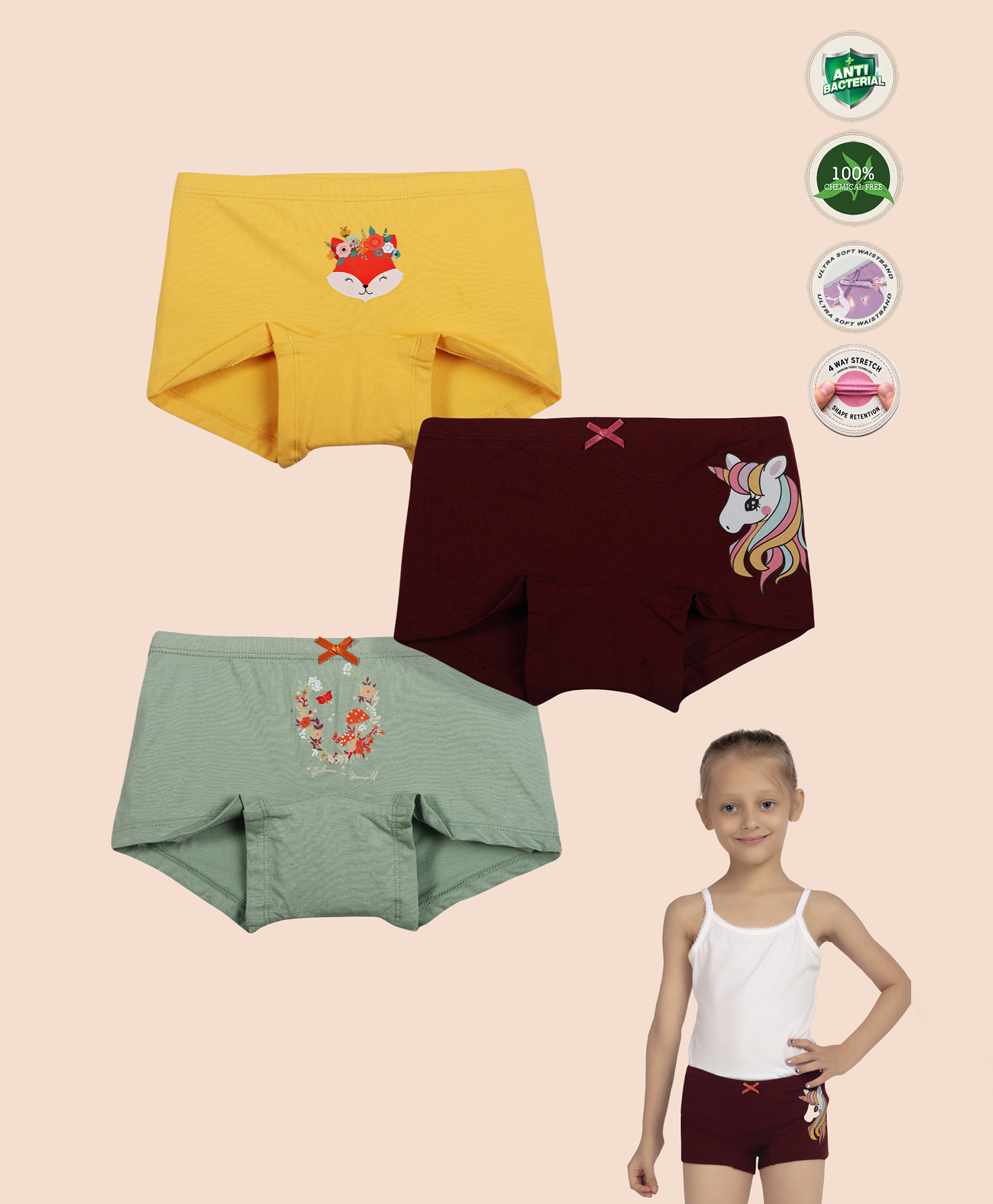 TRESNOVA Cotton Elastane Knit Pack Of 3 Unicorn & Fox Printed Anti Microbial Boy Shorts - Burgundy Yellow & Green-picture-25