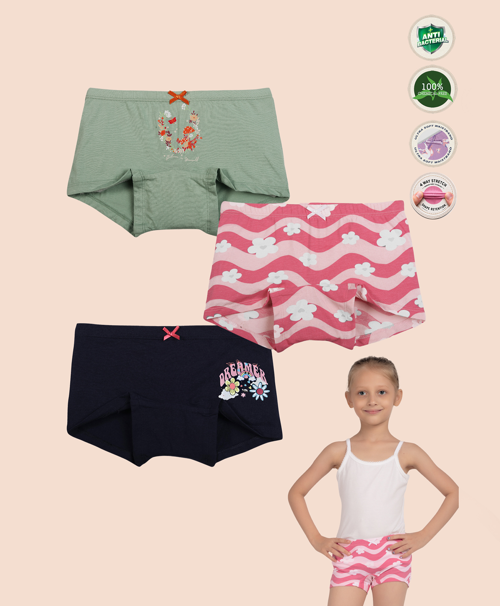 TRESNOVA Cotton Elastane Knit Pack Of 3 Floral & Dreamer Text Printed Anti Microbial Boy Shorts - Navy Blue Green & Pink-picture-43