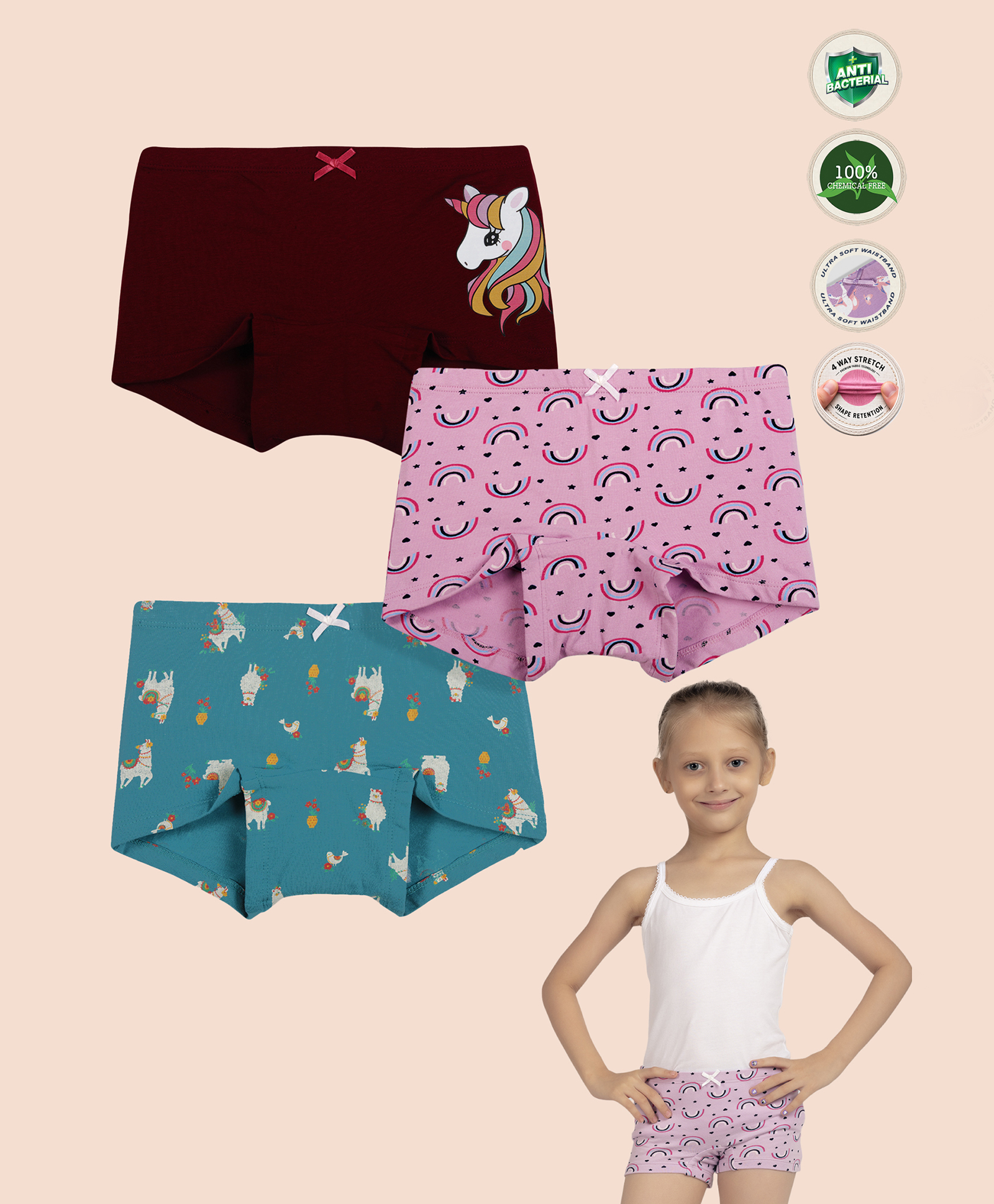 TRESNOVA Cotton Elastane Knit Pack Of 3 Unicorn & Rainbow Printed Anti Microbial Boy Shorts - Purple Burgundy & Teal Blue-picture-26
