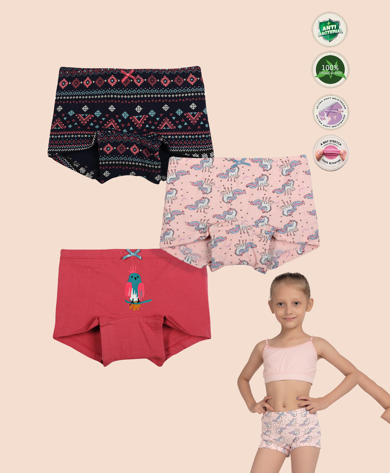 TRESNOVA Cotton Elastane Knit Pack Of 3 Bird & Unicorn Printed Anti Microbial Boy Shorts - Pink Navy Blue & Rose Pink-picture-14