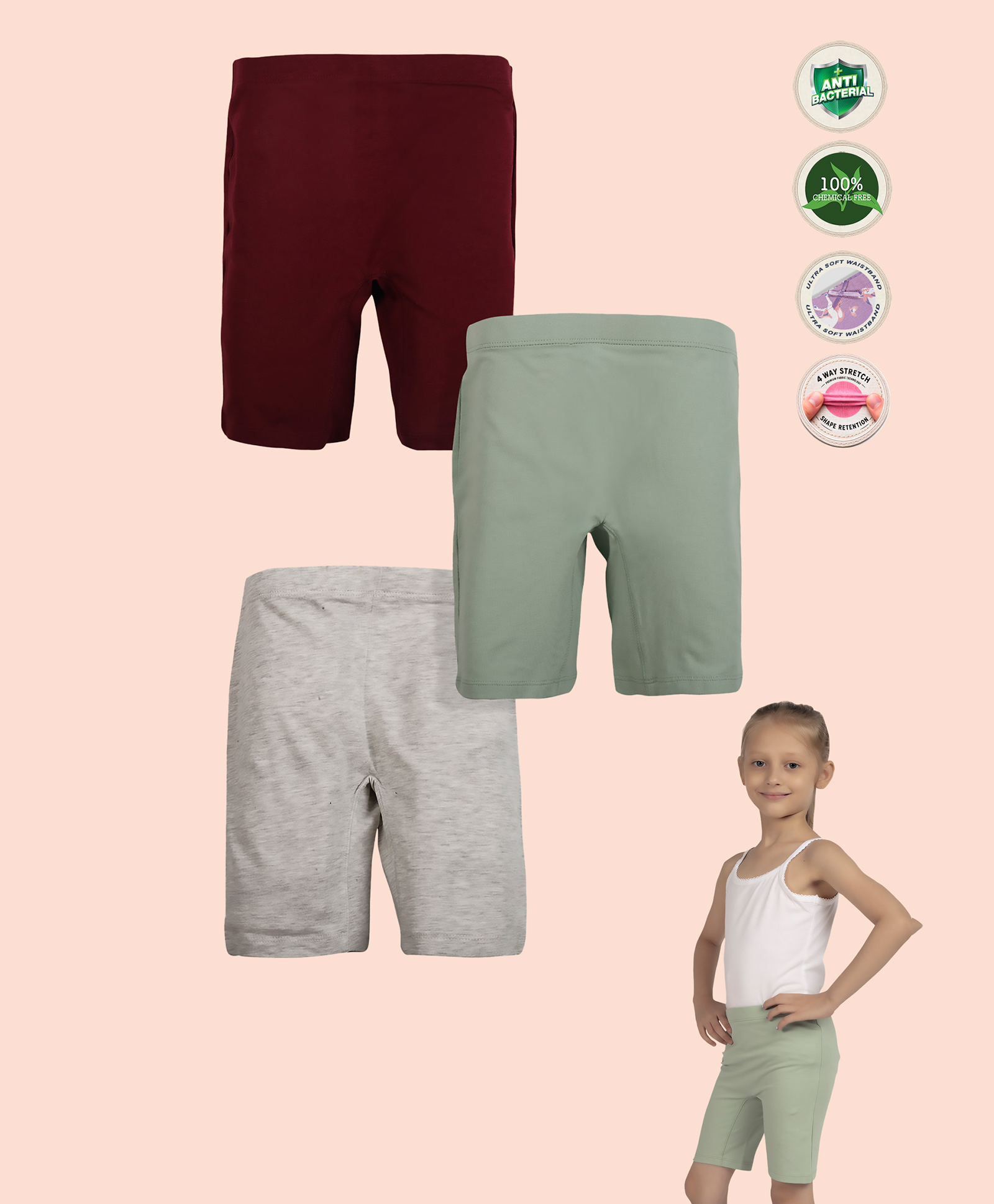 TRESNOVA Cotton Lycra Knit Pack Of 3 Solid Anti Microbial Cycling Shorts - Burgundy Grey & Green-picture-17