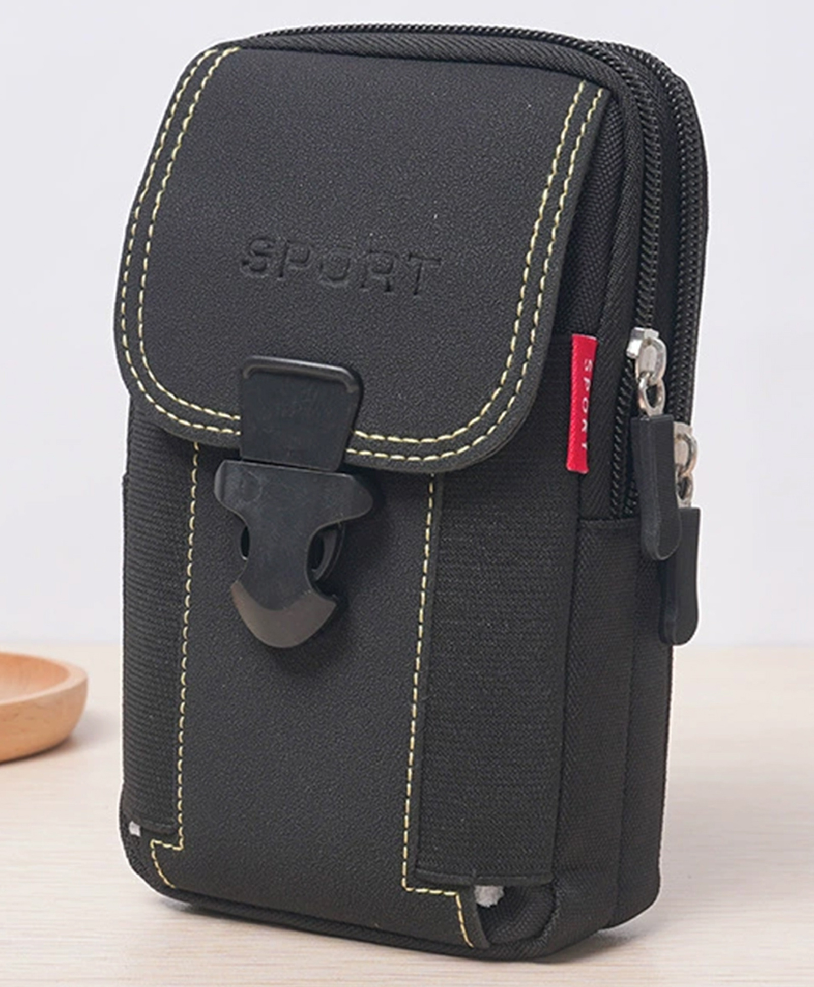 MOMISY Nylon Multi-Purpose Utility Pouch Solid Color Outdoor Travel Phone Bag with Buckle Closure(Black)-image-1