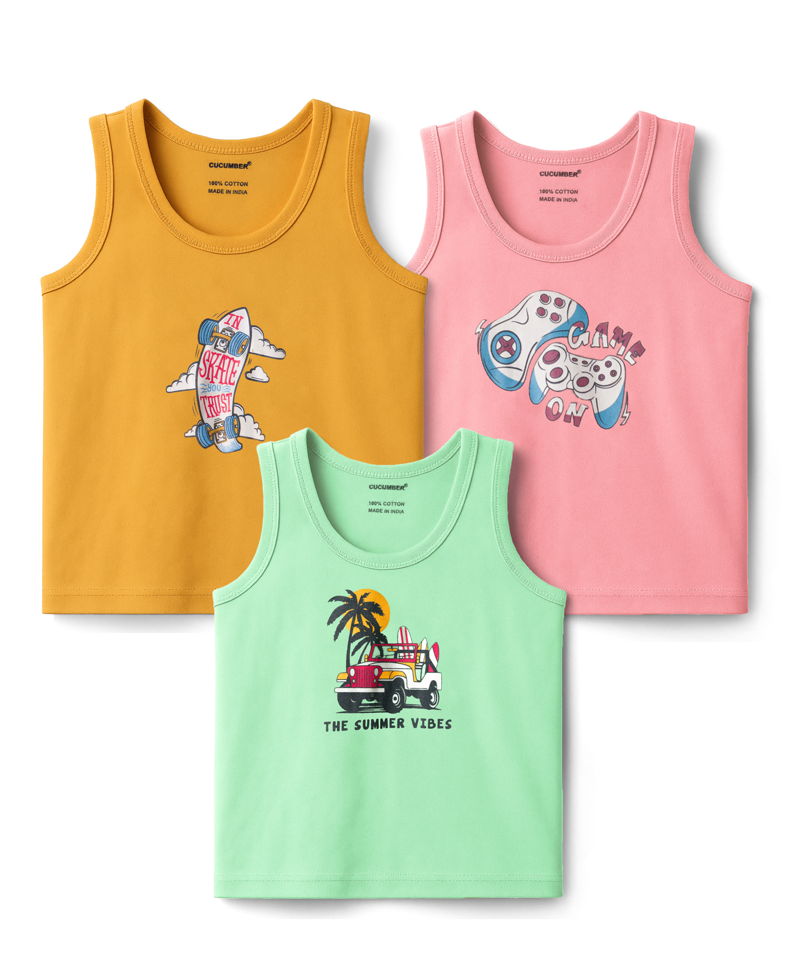 CUCUMBER Sinker Knit Sleeveless Printed Vests Pack of 3 - Yellow Pink & Light Green-image-23