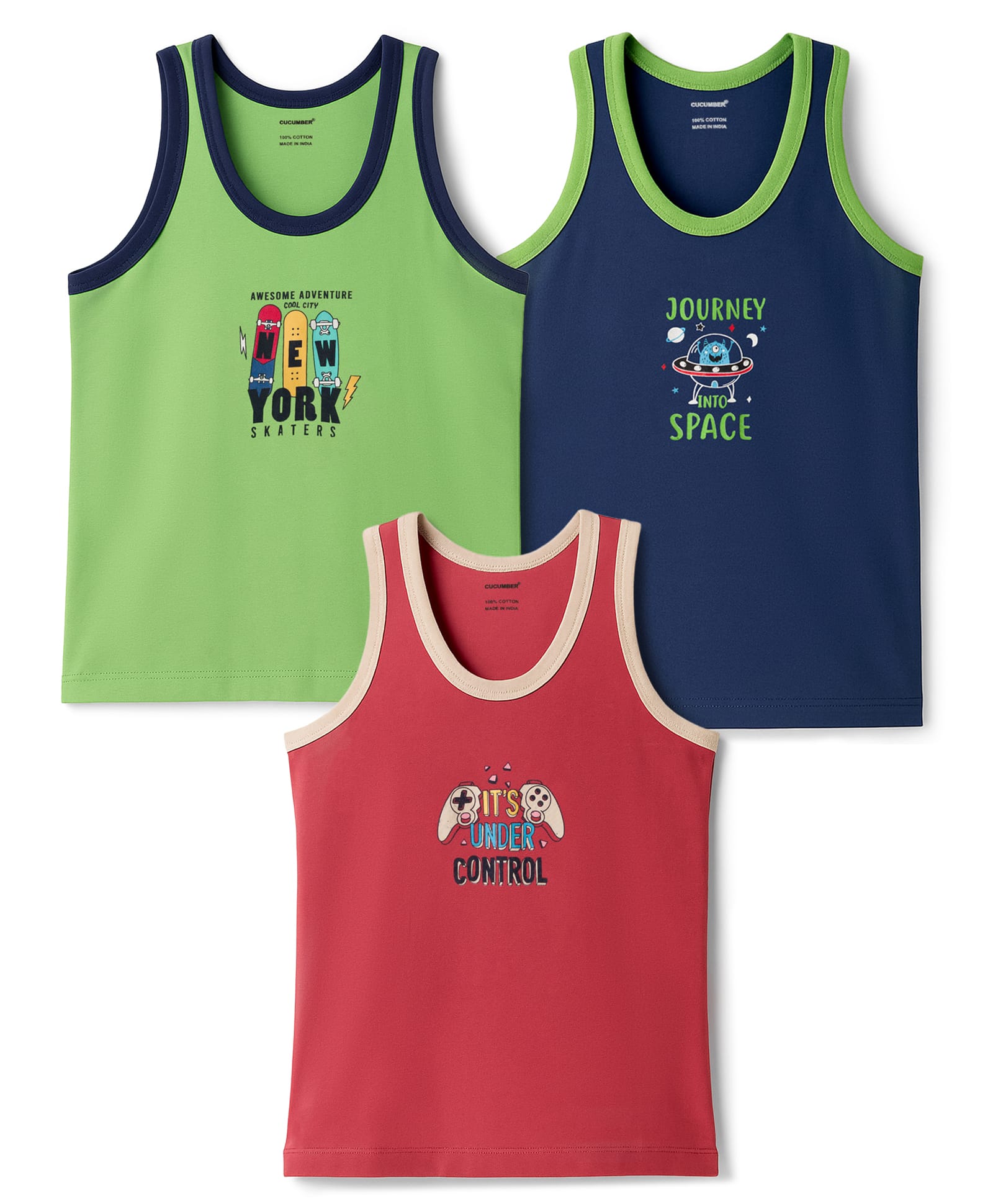 CUCUMBER Sinker Knit Sleeveless Vests with Space Theme Graphic Pack of 3 - Red Green & Navy Blue-image-38