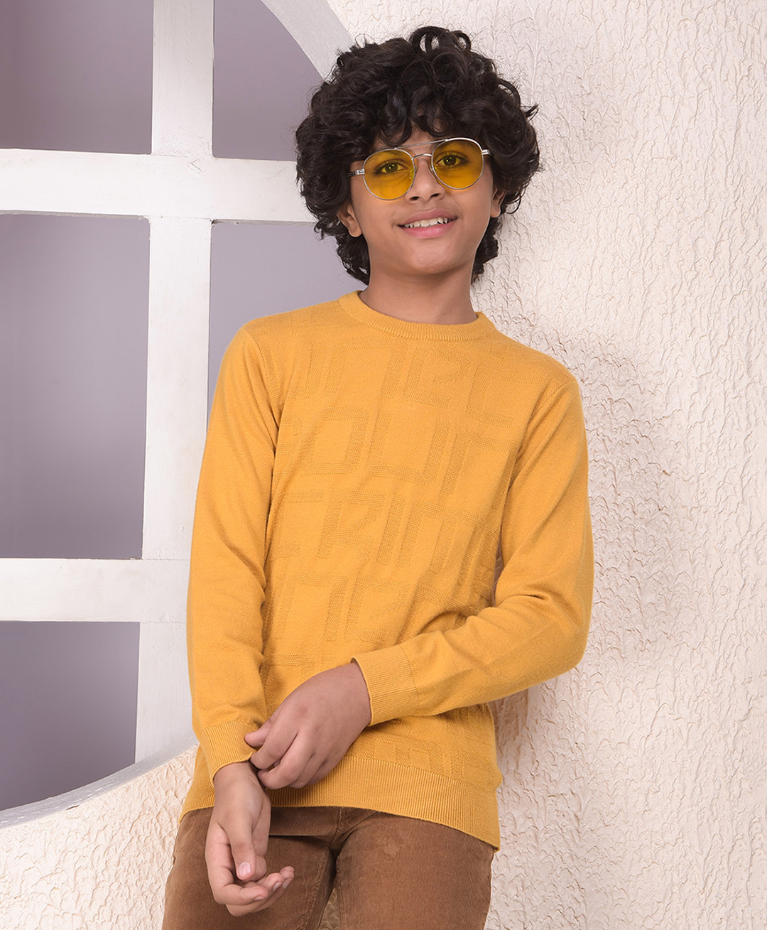 CRIMSOUNE CLUB Viscose Woven Full Sleeves Alphabets Designed Sweater - Mustard-image-20