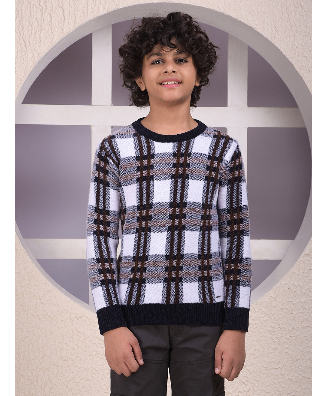 CRIMSOUNE CLUB Cotton Woven Full Sleeves Checked Sweater - Multi Colour-picture-18