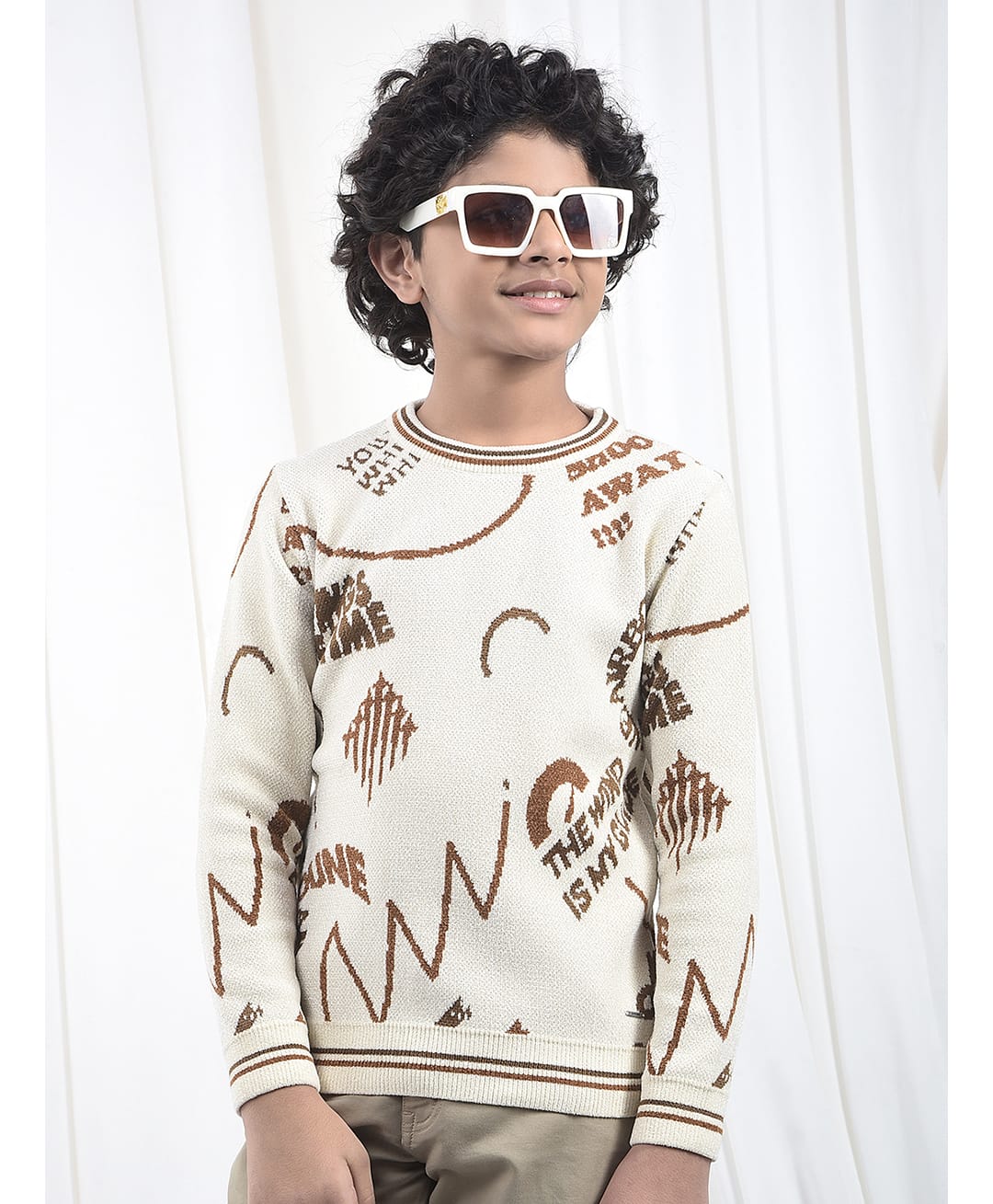 CRIMSOUNE CLUB Woven Full Sleeves Shoot Away Text Designed Sweater - Cream-picture-20