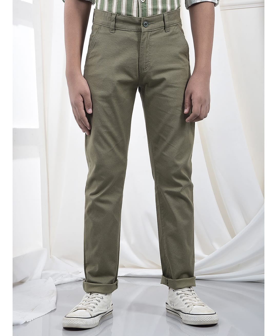 CRIMSOUNE CLUB Cotton Woven Striped Trousers - Olive Green-picture-22
