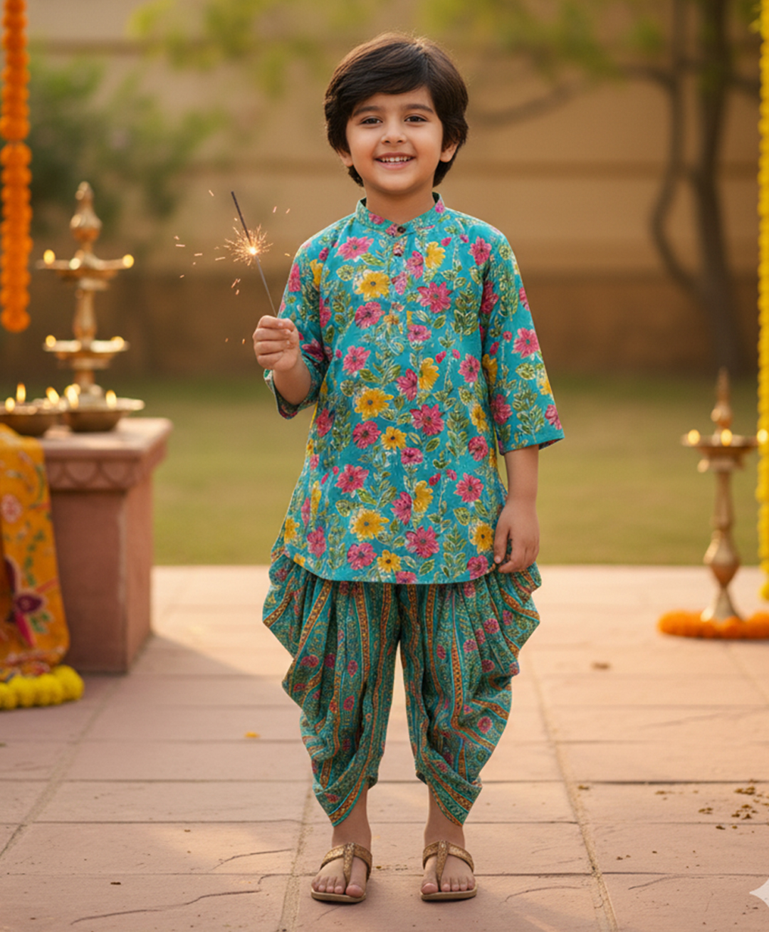 Saka Designs By Sapna Cotton Woven Three Fourth Sleeves Floral Printed Kurta Dhoti Set - Turquoise-image-34