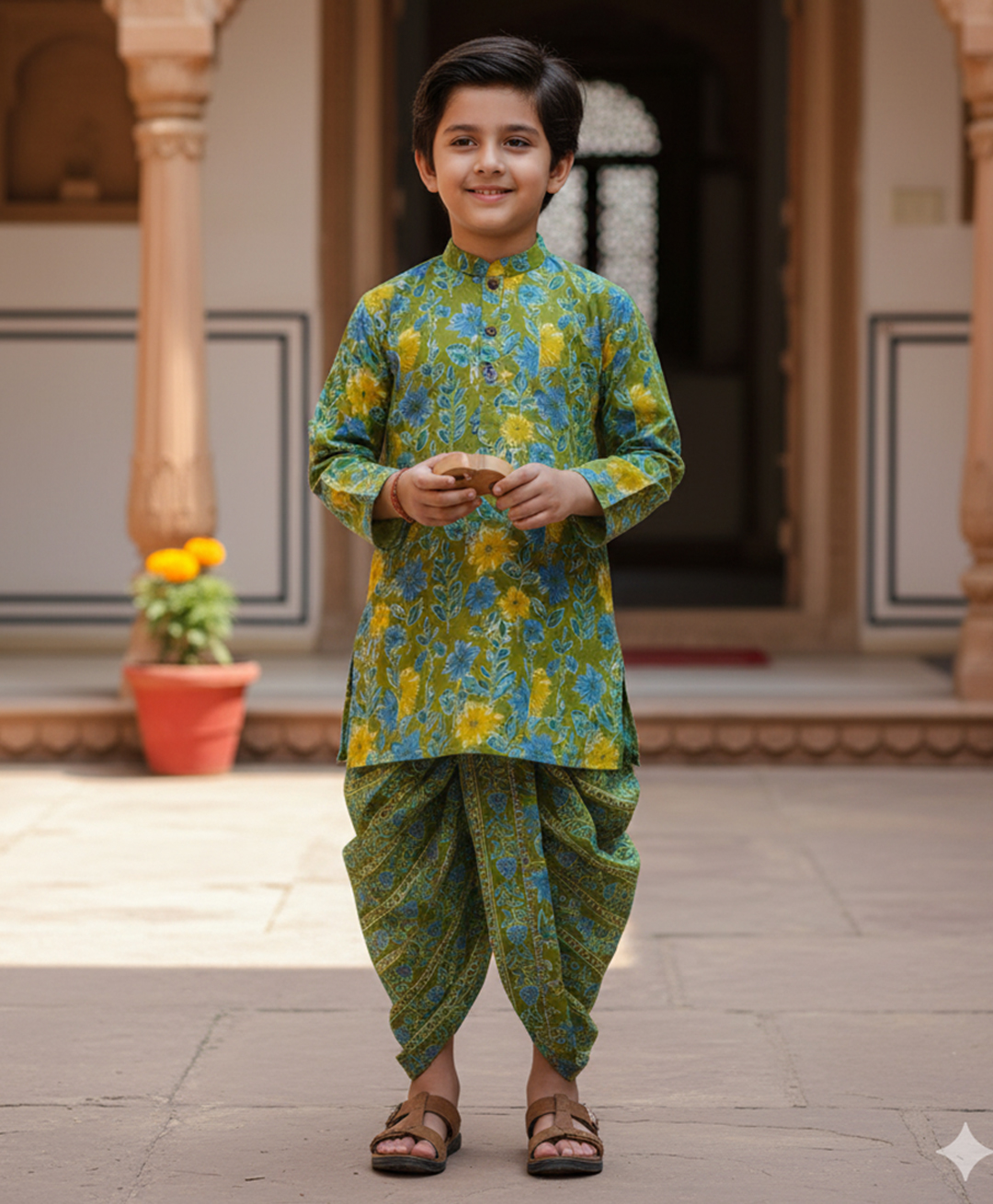Saka Designs By Sapna Cotton Woven Full Sleeves Floral Printed Kurta Dhoti Set - Green & Multi Colour-image-28