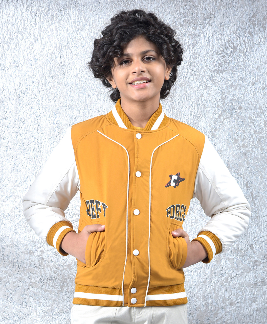 CRIMSOUNE CLUB Knit Full Sleeves Force Text Printed Light Winter Bomber Jacket - Mustard-picture-28