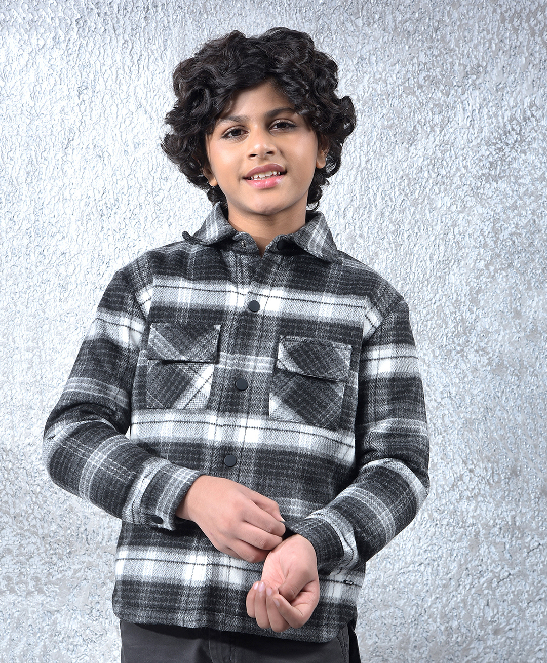 CRIMSOUNE CLUB Knit Full Sleeves Checked Light Winter Shacket - Black-picture-32