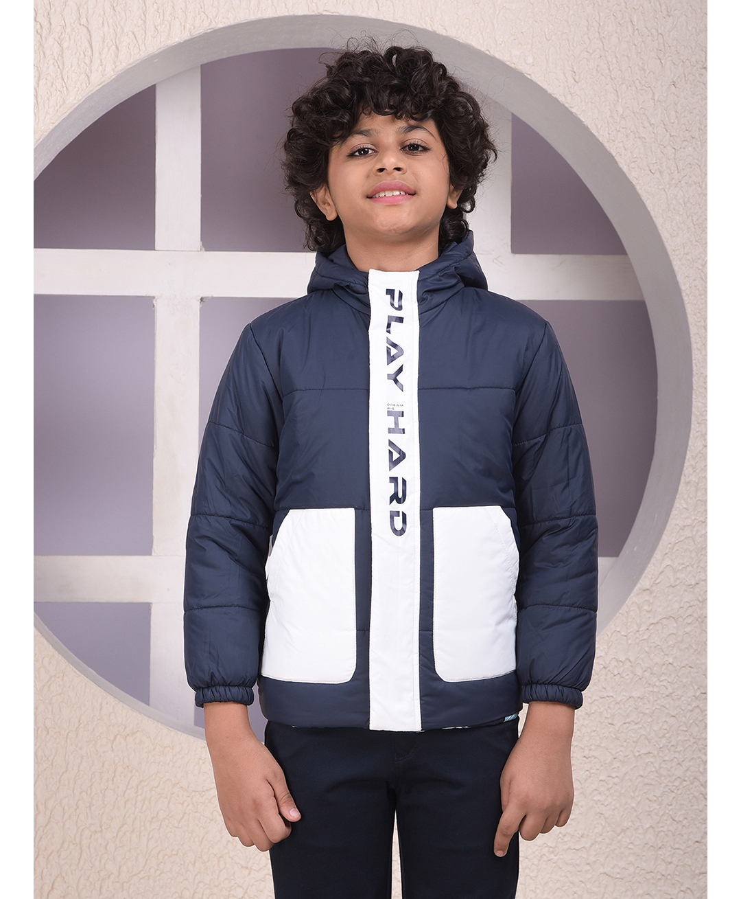 CRIMSOUNE CLUB Knit Full Sleeves Colour Blocked Play Hard Text Printed Light Winter Jacket - Navy Blue-picture-17
