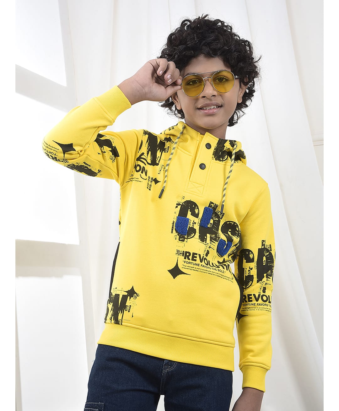 CRIMSOUNE CLUB Cotton Woven Full Sleeves Typography Printed Light Winter Hooded Sweatshirt - Yellow-picture-29