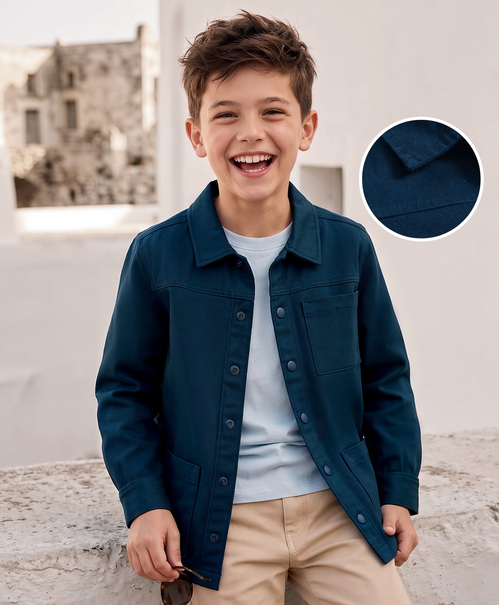 Kookie Kids Cotton Woven Full Sleeves Solid Color Shacket with Pocket - Navy Blue-image-0