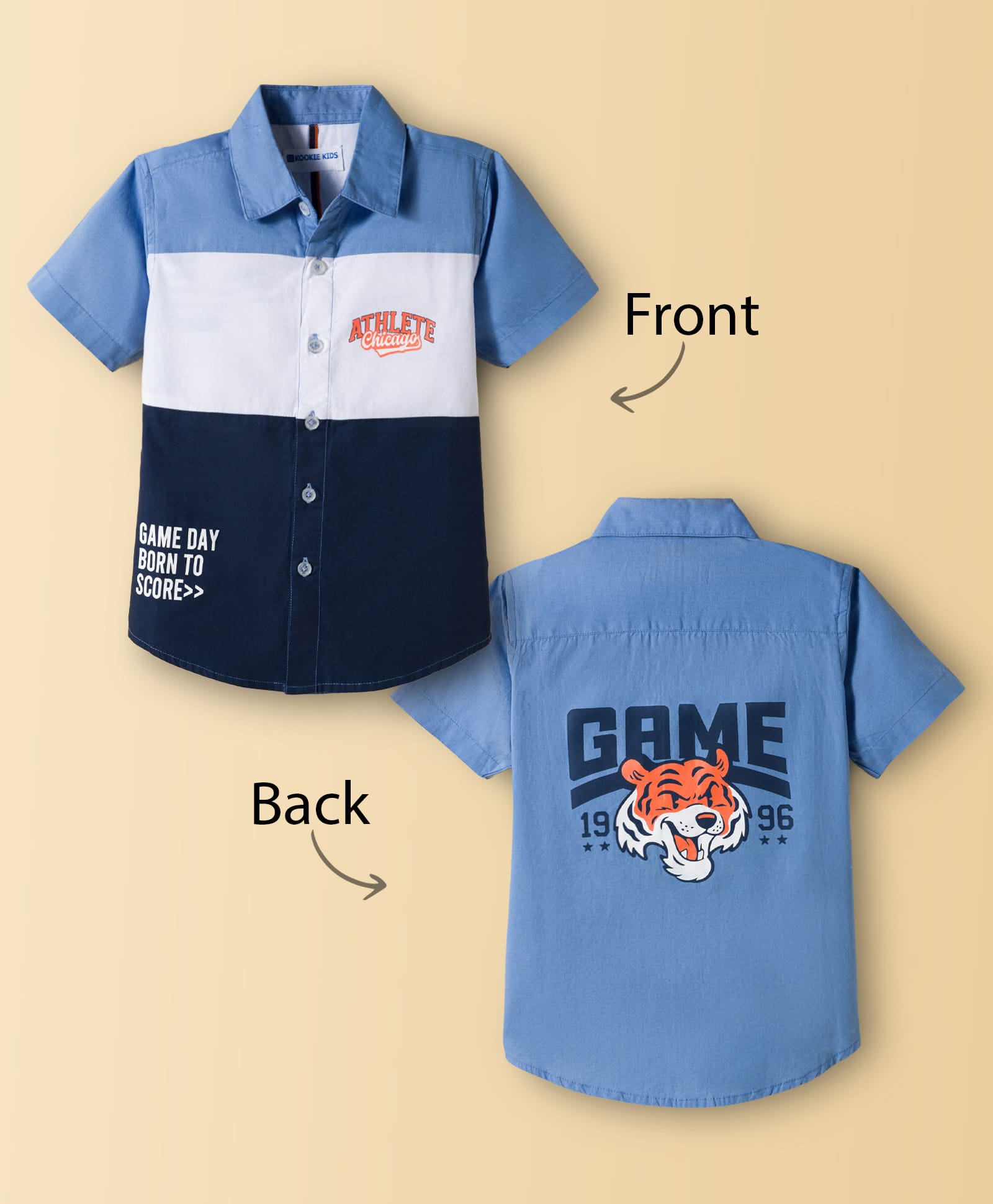Kookie Kids Cotton Woven Half Sleeves Shirt with Color Block Design & Text Print - Blue-image-35