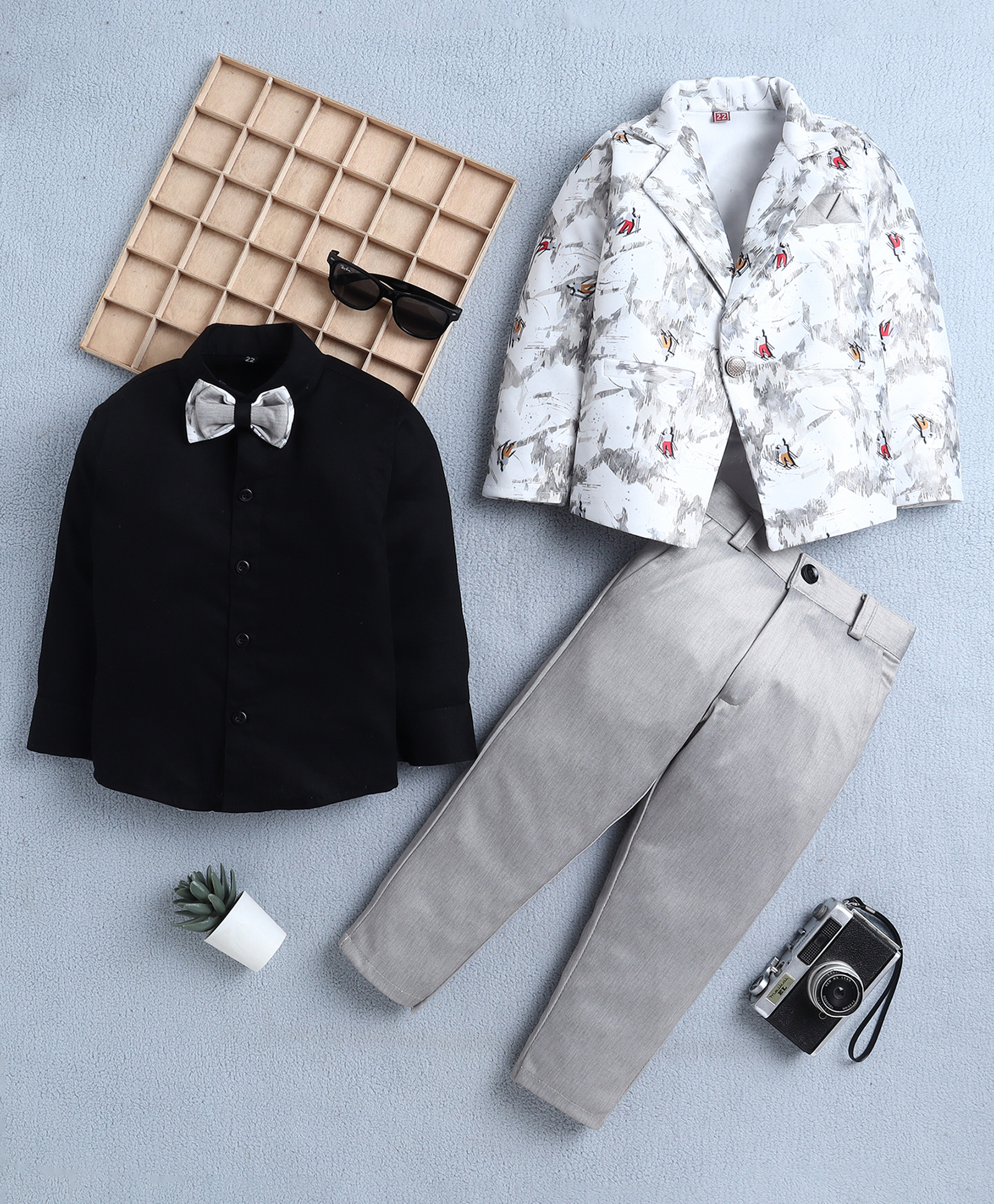 Fourfolds Cotton Blend Woven Full Sleeves Abstract Printed 3 Piece Party Suit Set With Bow - Beige